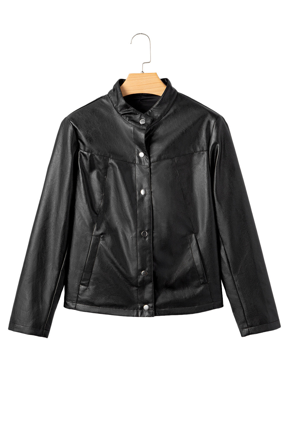 Black Faux Leather Buttoned Front Boxy Jacket-Outerwear/Jackets-[Adult]-[Female]-2022 Online Blue Zone Planet