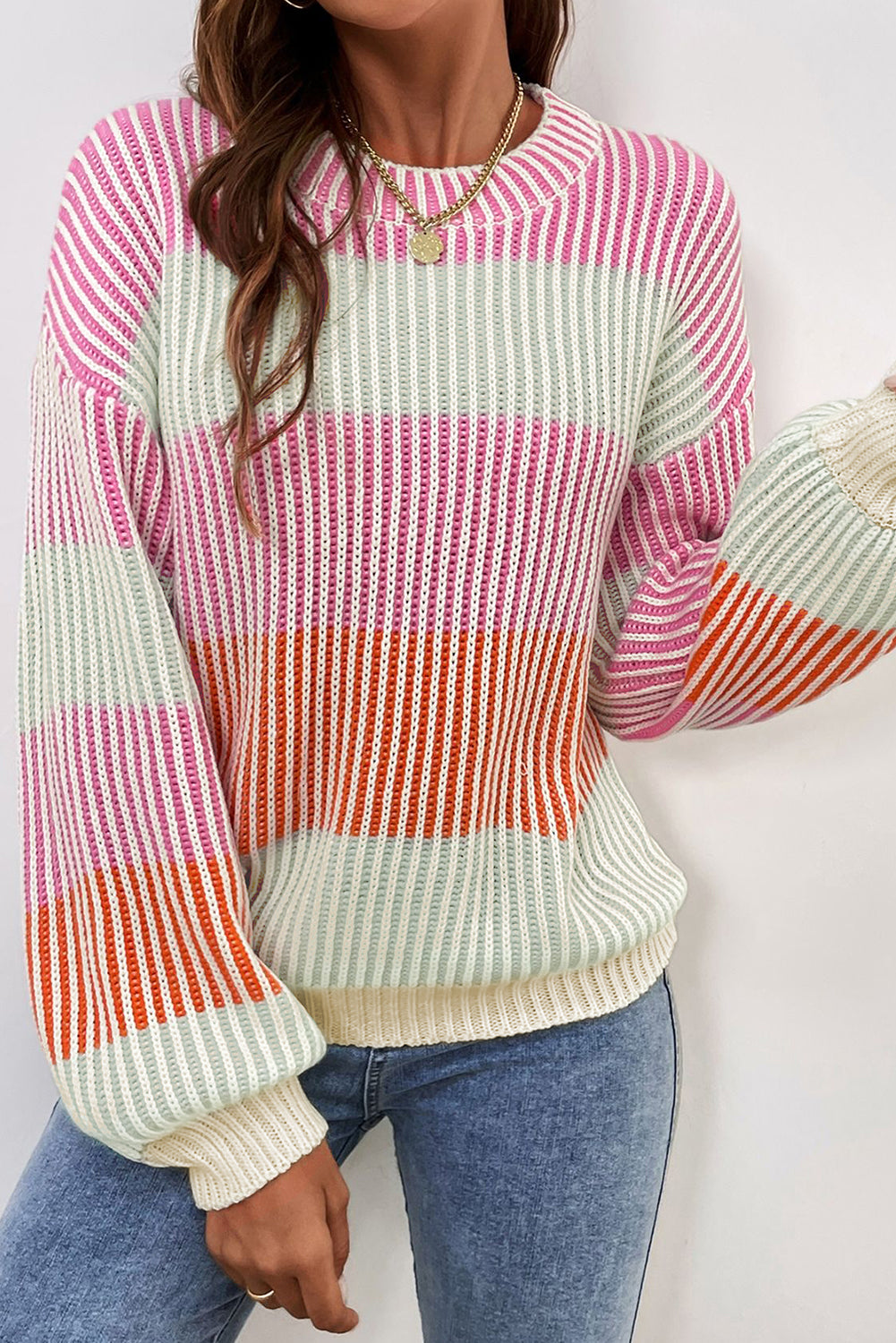 Pink Colorblock Textured Knit Bubble Sleeve Sweater-Sweaters & Cardigans/Sweaters-[Adult]-[Female]-2022 Online Blue Zone Planet