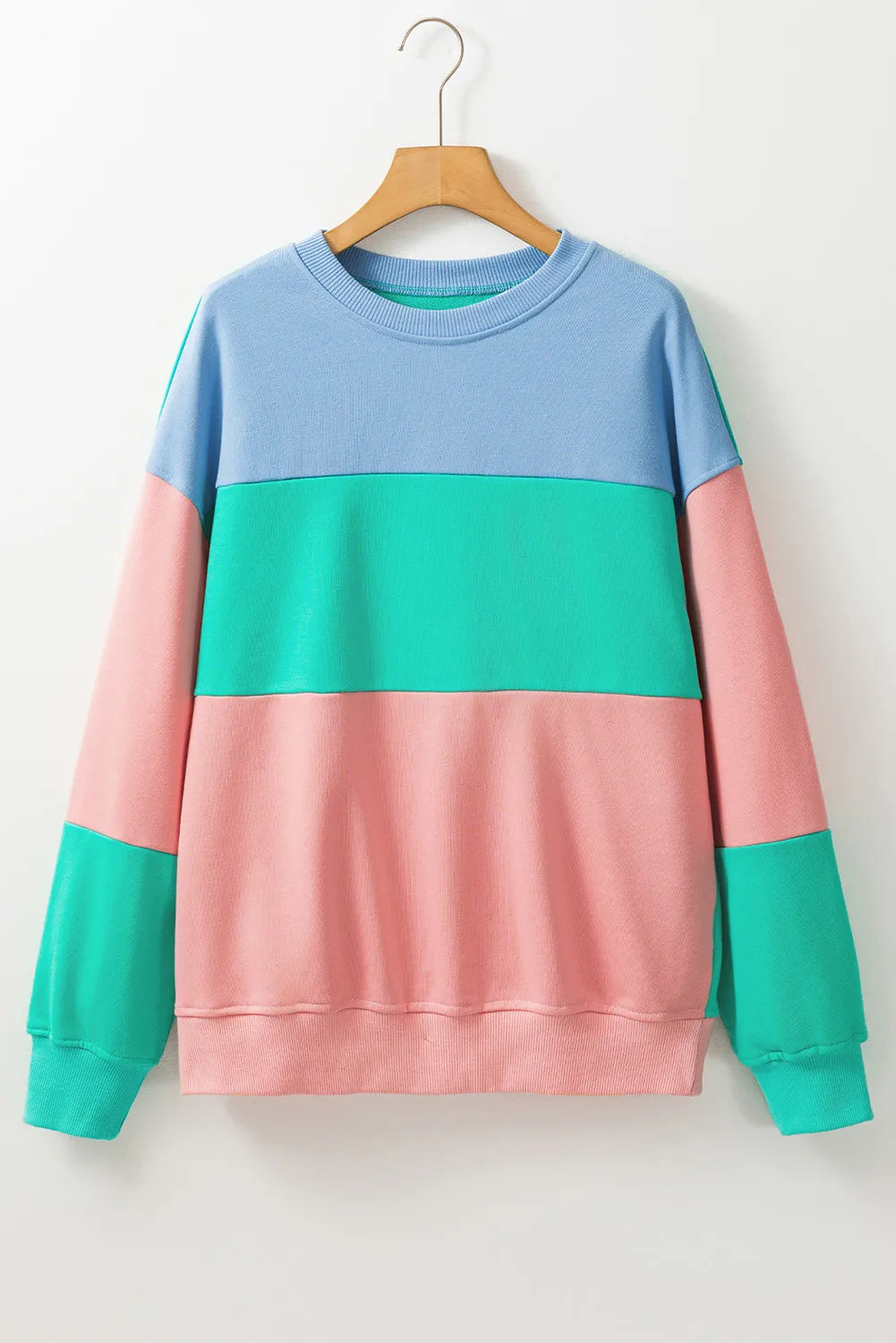 Blue Zone Planet | Color Block Round Neck Long Sleeve Sweatshirt-TOPS / DRESSES-[Adult]-[Female]-2022 Online Blue Zone Planet