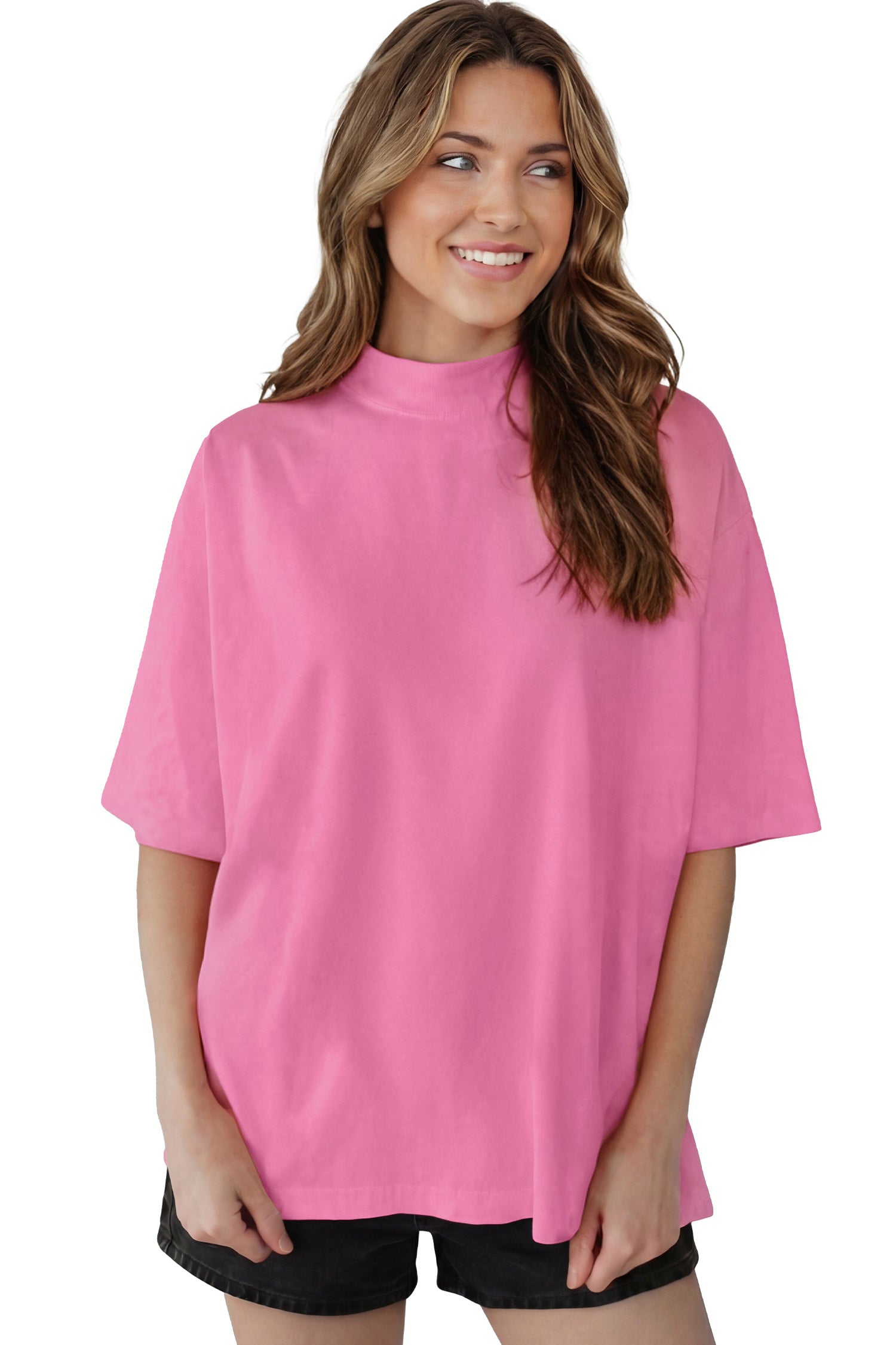 Pink Solid Color High Neck Oversize Tee-Tops/Tops & Tees-[Adult]-[Female]-2022 Online Blue Zone Planet