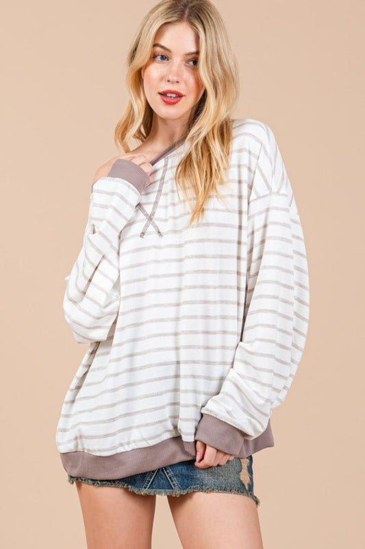 Ces Femme Striped Round Neck Drop Shoulder Sweatshirt-TOPS / DRESSES-[Adult]-[Female]-2022 Online Blue Zone Planet