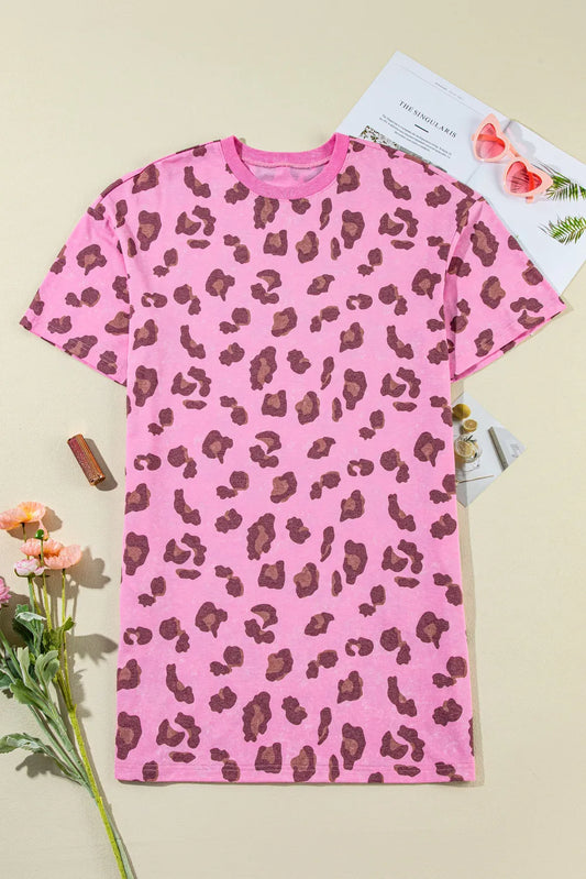 Leopard Round Neck Mini Tee Dress-TOPS / DRESSES-[Adult]-[Female]-Pink-S-2022 Online Blue Zone Planet