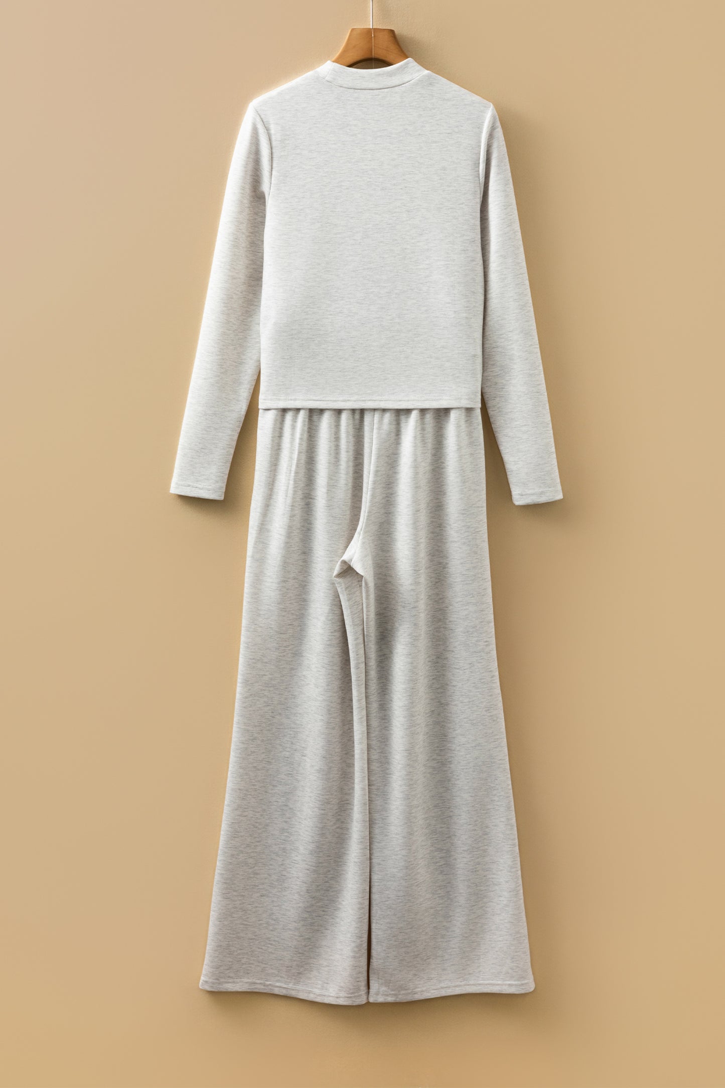 Light Grey Long Sleeve High Neck Slim Top Smocked Waist Central Seam Pants Set-Two Piece Sets/Pant Sets-[Adult]-[Female]-2022 Online Blue Zone Planet