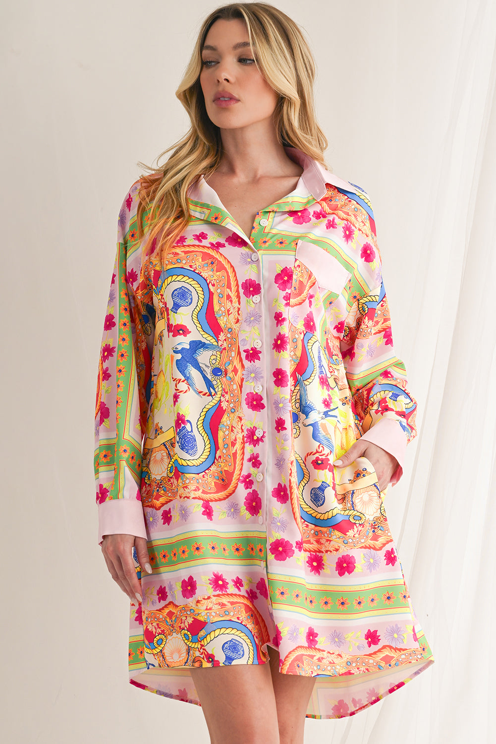 Multicolour Abstract Print Button Long Sleeve Shirt Dress-Short Dresses-[Adult]-[Female]-2022 Online Blue Zone Planet