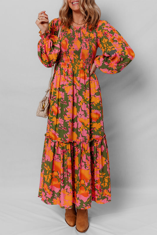 Orange Floral Puff Sleeve Smocked Bodice Ruffled Long Dress-TOPS / DRESSES-[Adult]-[Female]-Orange-S-2022 Online Blue Zone Planet