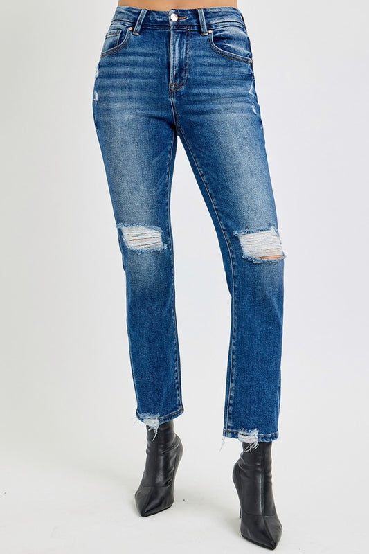 RISEN Full Size High Rise Distressed Crop Straight Jeans-BOTTOMS SIZES SMALL MEDIUM LARGE-[Adult]-[Female]-Dark-0(24)-2022 Online Blue Zone Planet