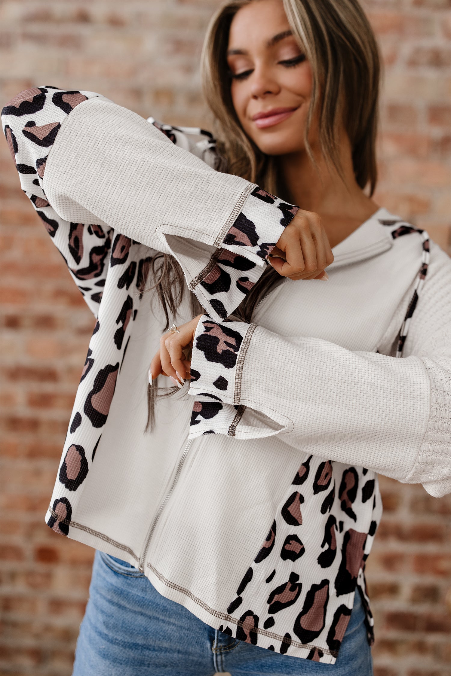 Apricot Oversized Leopard Contrast Mixed Texture Patchwork Zip Up Drop Shoulder Hoodie-Tops/Sweatshirts & Hoodies-[Adult]-[Female]-2022 Online Blue Zone Planet