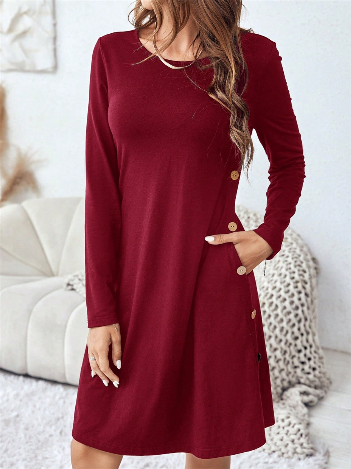 Round Neck Long Sleeve Mini Dress with Pockets-TOPS / DRESSES-[Adult]-[Female]-2022 Online Blue Zone Planet