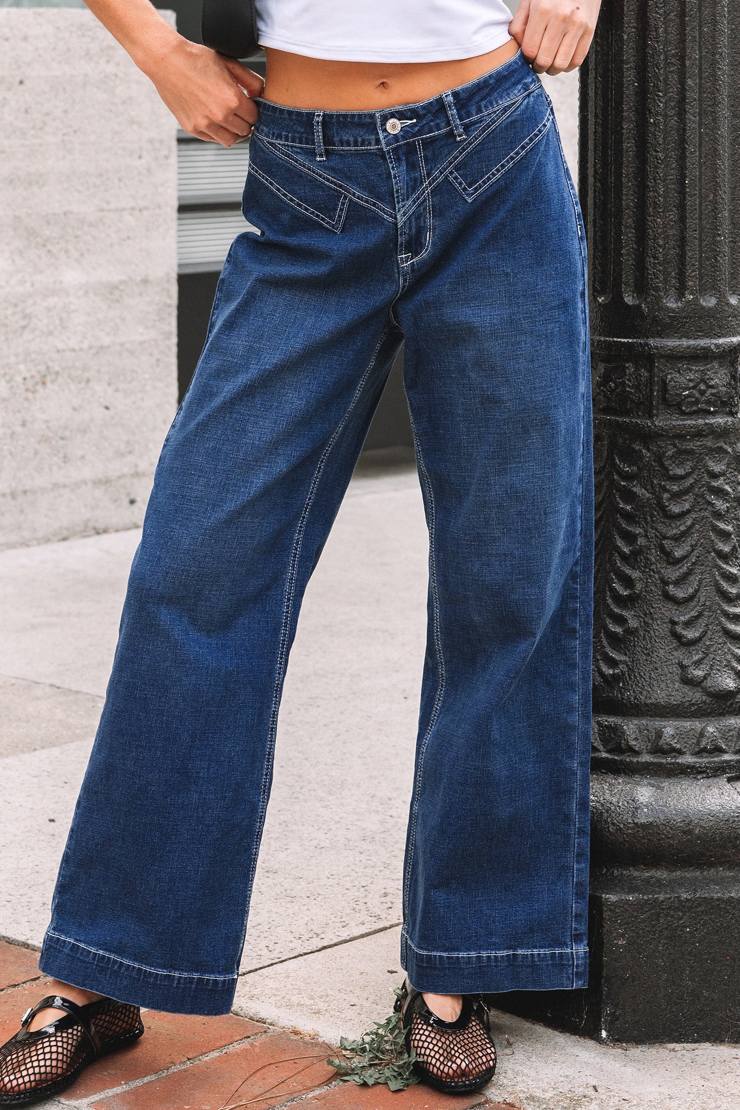 Sail Blue Stitched Waist Detail Loose Cuffed Jeans-Bottoms/Jeans-[Adult]-[Female]-2022 Online Blue Zone Planet