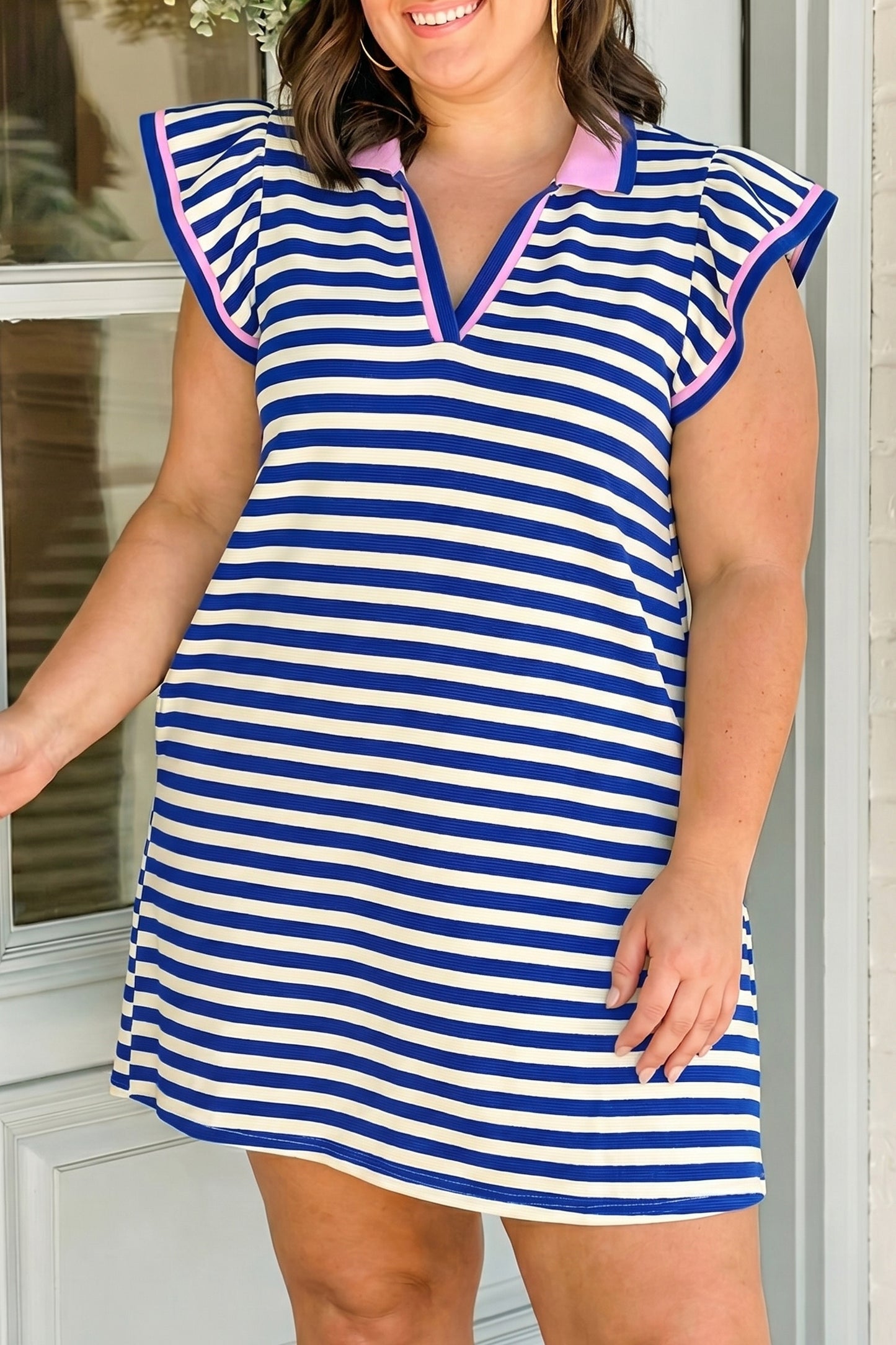 Dark Blue Striped Shift Dress Colorblock V Neck Short Sleeve Casual Summer-Plus Size/Plus Size Dresses/Plus Size Mini Dresses-[Adult]-[Female]-Dark Blue-1X-2022 Online Blue Zone Planet