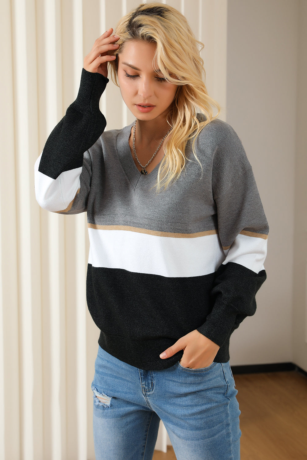 Color Block V Neck Long Sleeve Sweater-TOPS / DRESSES-[Adult]-[Female]-2022 Online Blue Zone Planet