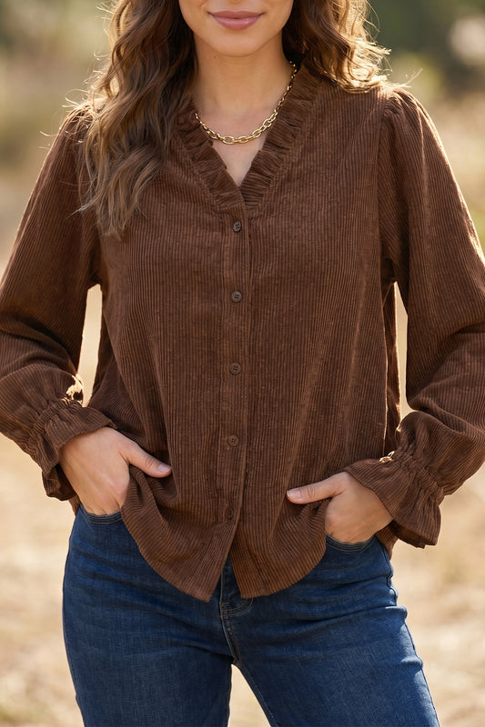 Coffee Solid Color Ruffle Trim V Neck Long Sleeve Button Corduroy Shakcet-Outerwear/Jackets-[Adult]-[Female]-2022 Online Blue Zone Planet