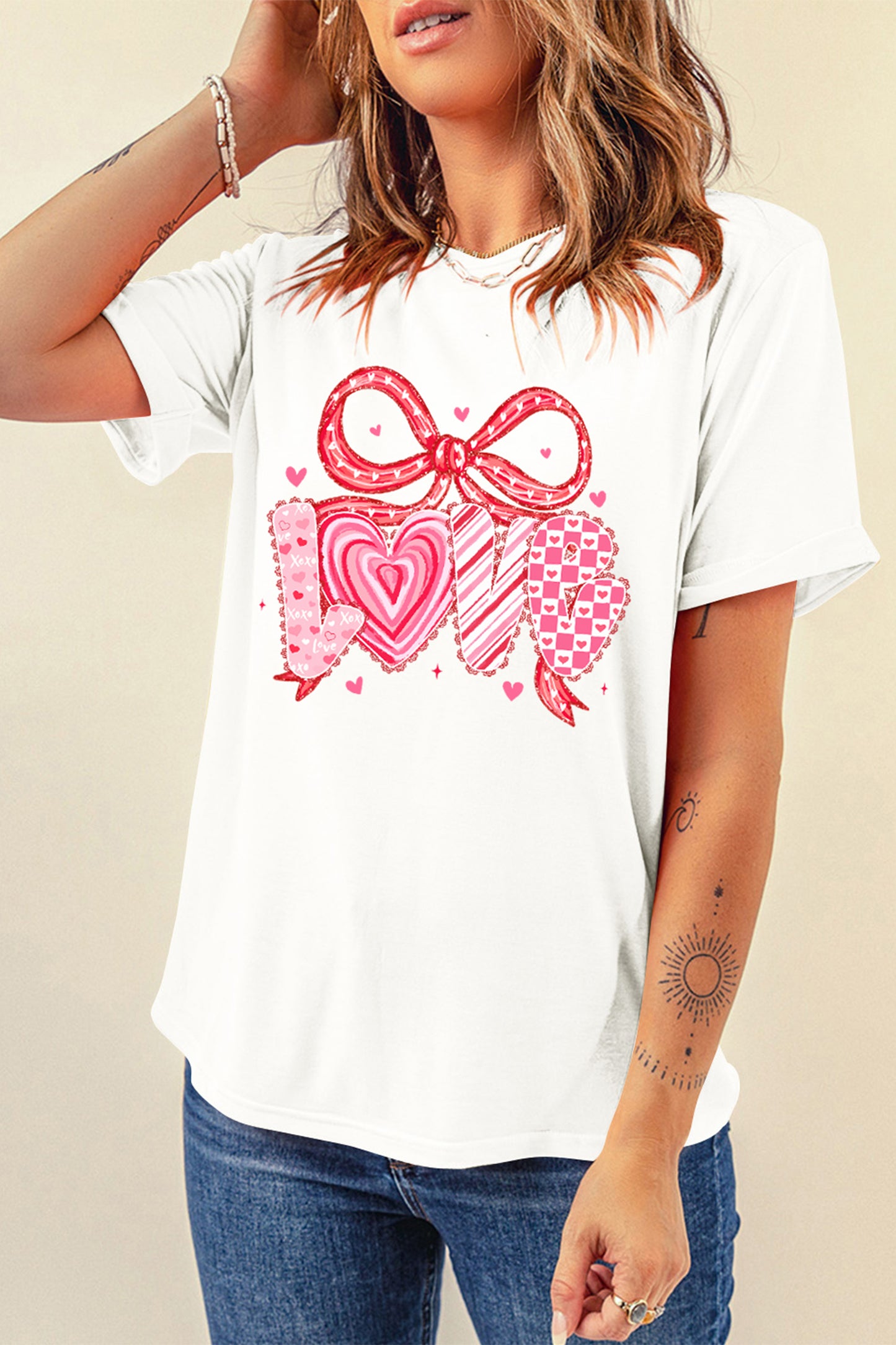 White Sweet Love Ribbon Bow Printed Valentines Day T Shirt-Graphic Tees-[Adult]-[Female]-2022 Online Blue Zone Planet