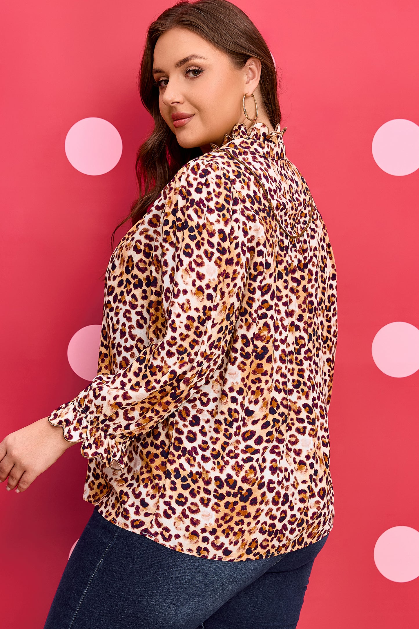 Brown Plus Size Leopard Frilled Stand Neck Blouse-Plus Size/Plus Size Tops/Plus Size Blouses & Shirts-[Adult]-[Female]-2022 Online Blue Zone Planet