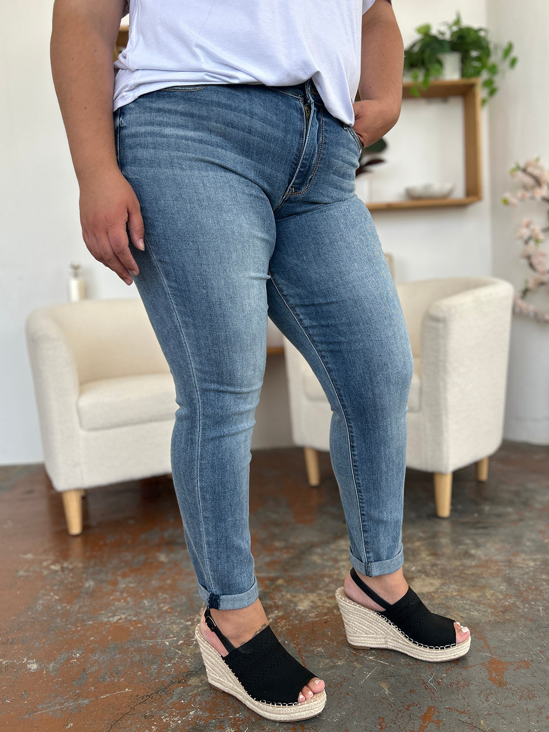 Judy Blue Full Size Cuffed Hem Slim Jeans-BOTTOMS SIZES SMALL MEDIUM LARGE-[Adult]-[Female]-2022 Online Blue Zone Planet