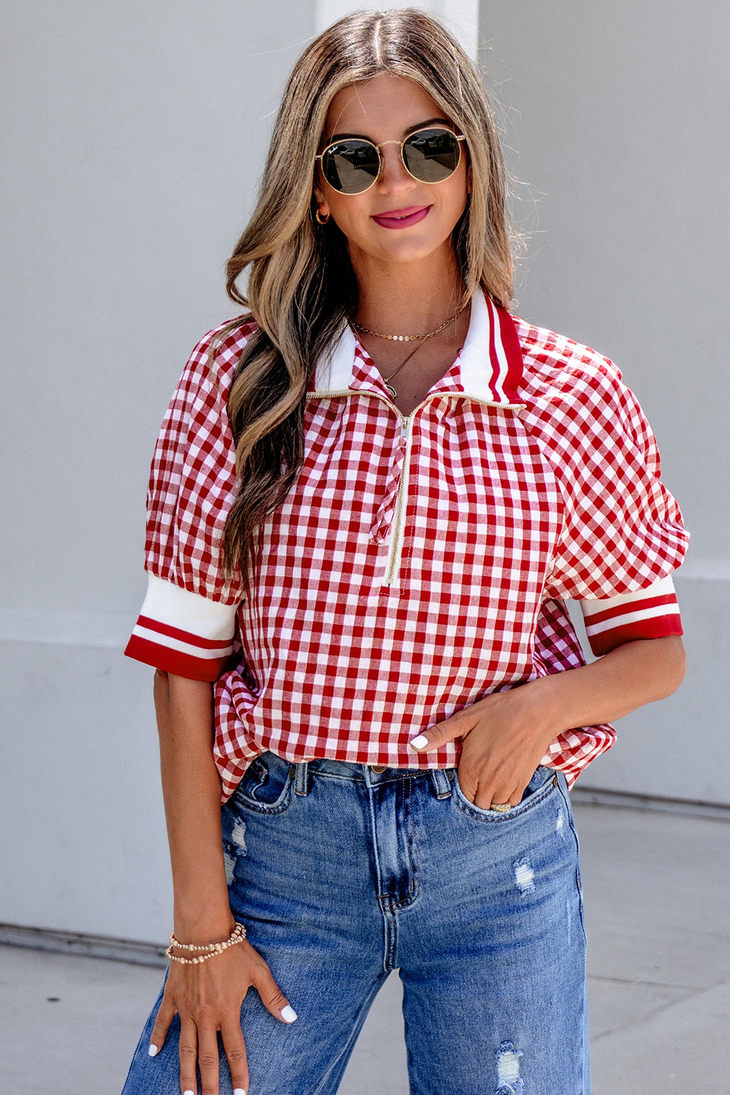 Red Gingham Striped Patchwork Half Zip Blouse-Tops/Blouses & Shirts-[Adult]-[Female]-2022 Online Blue Zone Planet
