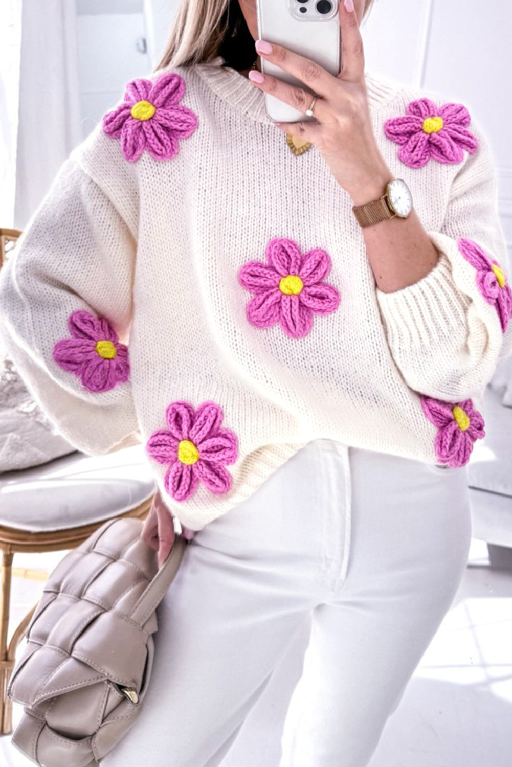 Parchment Floral Crochet Chunky Knit Sweater-Sweaters & Cardigans/Sweaters-[Adult]-[Female]-White-S-2022 Online Blue Zone Planet