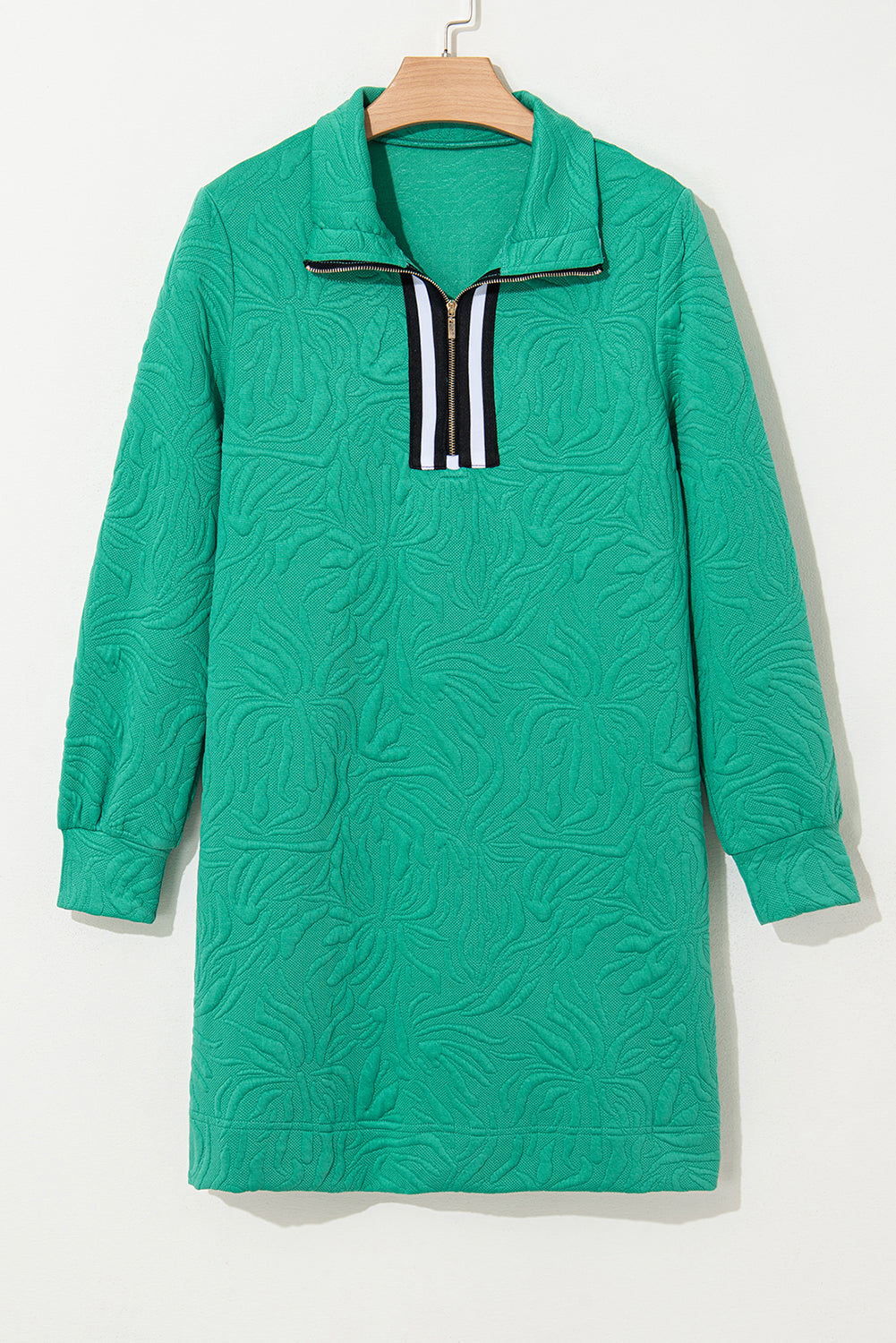 Sea Green Jacquard Textured Quarter Zipper Pop of Color Neckline Dress