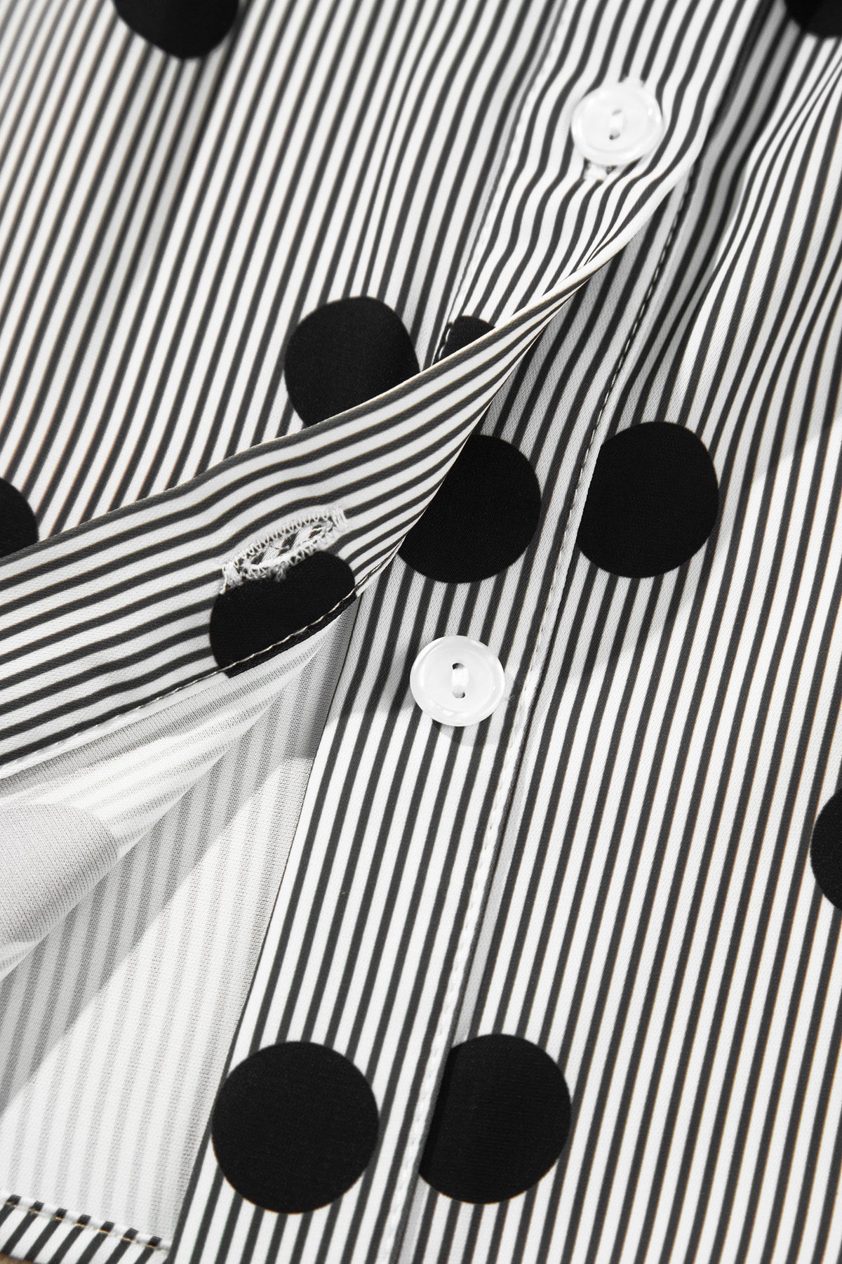 Black white Polka Dot Striped Print Ruffle Stand Neck 3/4 Sleeve Shift Shirt-Tops/Blouses & Shirts-[Adult]-[Female]-2022 Online Blue Zone Planet
