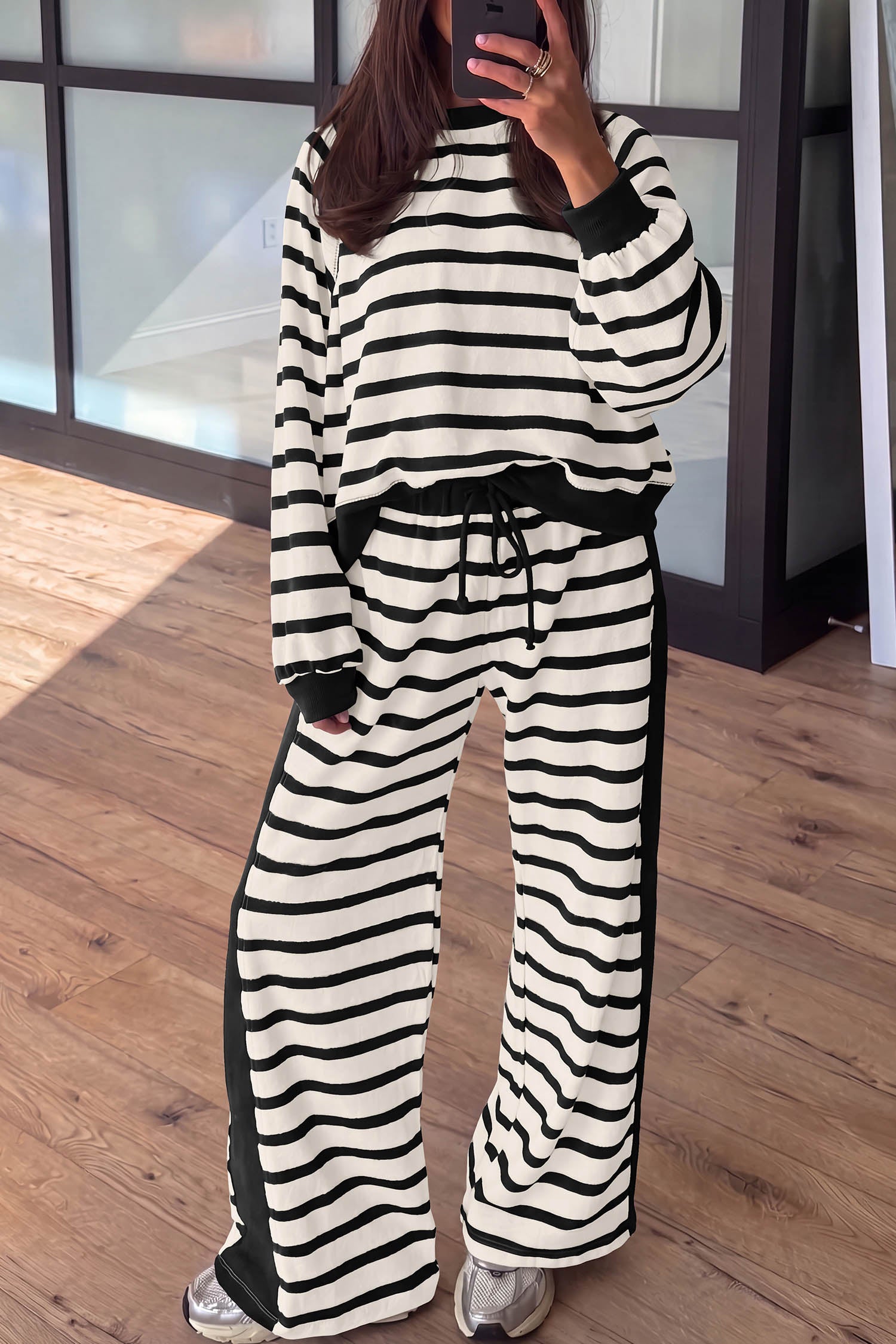 Beige Stripe Relaxed Long Sleeve Top Color Block Detail Drawstring Pant Set-Two Piece Sets/Pant Sets-[Adult]-[Female]-2022 Online Blue Zone Planet