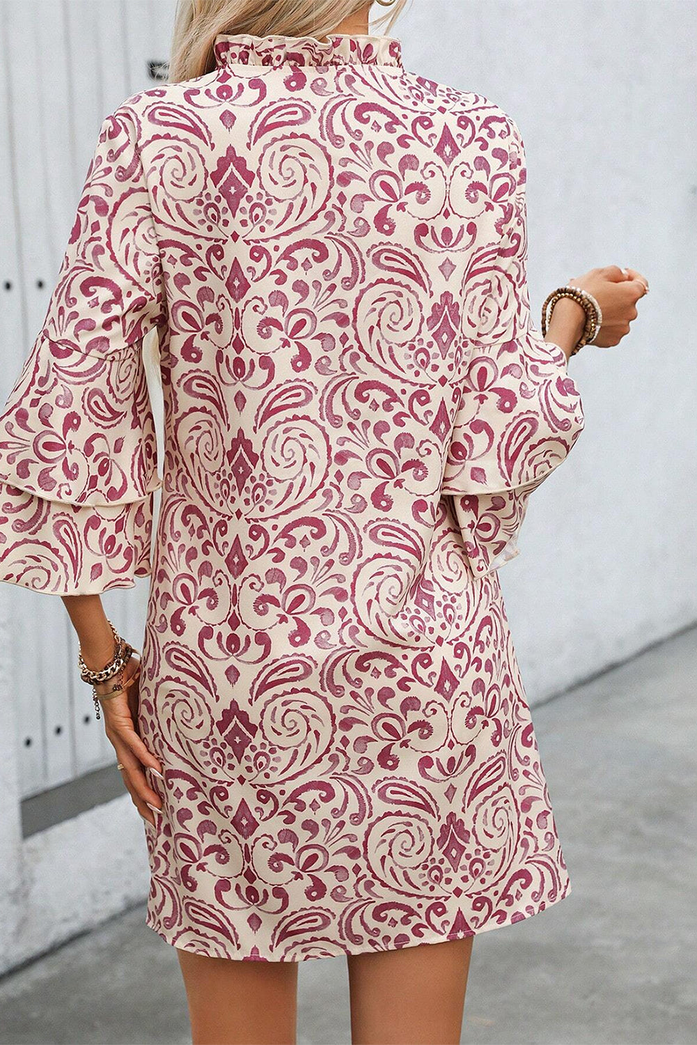 Blue Zone Planet |  Pink Paisley Print Tiered 3/4 Sleeve Notched Neck Mini Dress