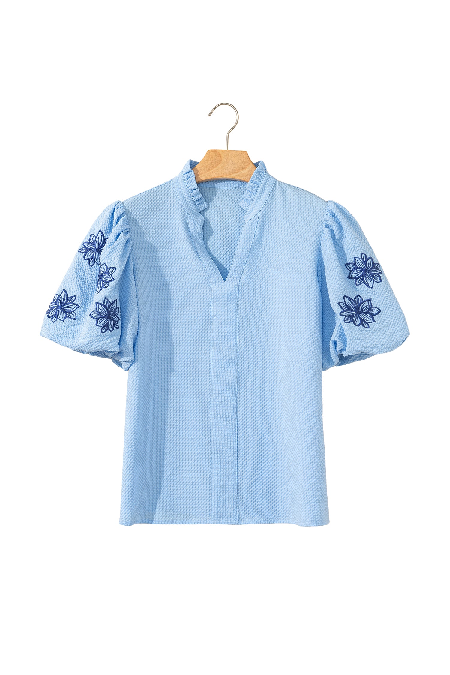 Beau Blue Flower Embroidered Puff Sleeve Split Neck Textured Blouse-Tops/Blouses & Shirts-[Adult]-[Female]-2022 Online Blue Zone Planet