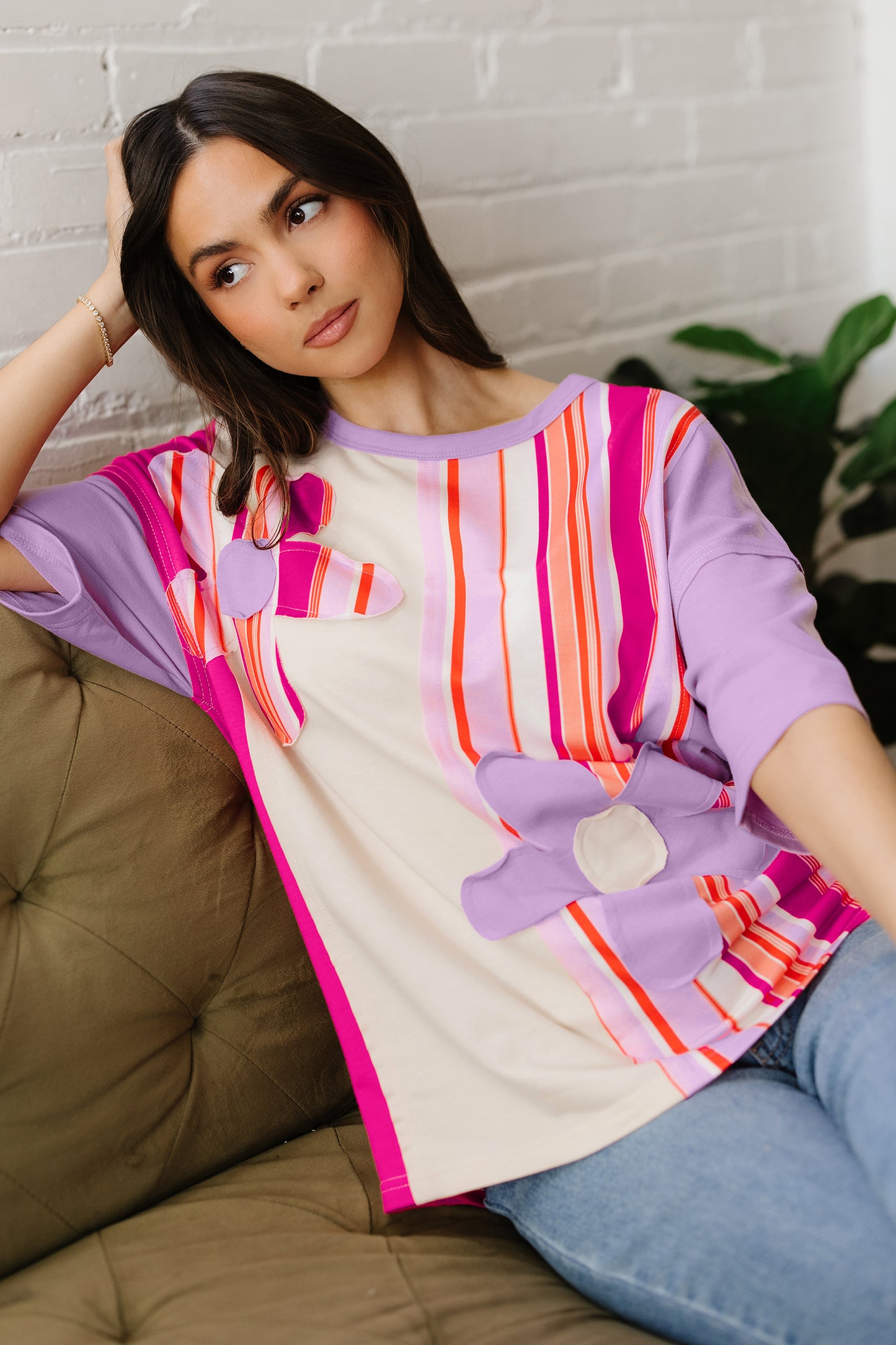 Pink Striped Color Block Flower Patched Half Sleeve Loose Top-Tops/Tops & Tees-[Adult]-[Female]-2022 Online Blue Zone Planet