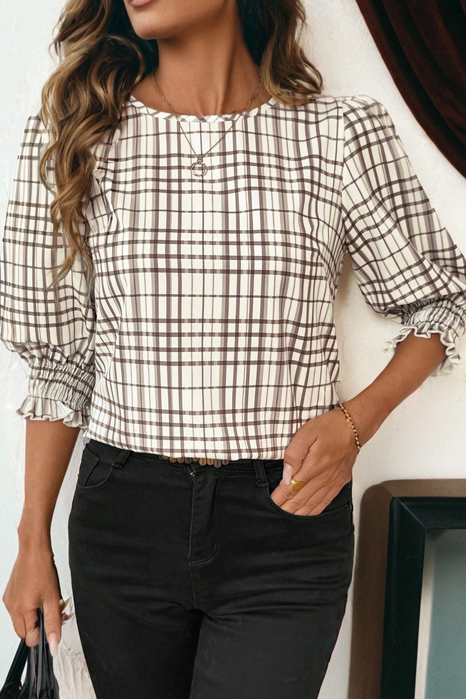 White Plaid Print Frilled Puffy Half Sleeve Blouse-Tops/Blouses & Shirts-[Adult]-[Female]-2022 Online Blue Zone Planet