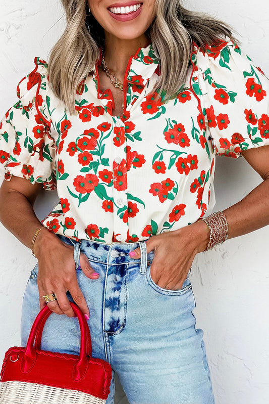 Red Floral Print Ruffled Puff Sleeve Elegant Summer Shirt-Tops/Blouses & Shirts-[Adult]-[Female]-Red-S-2022 Online Blue Zone Planet