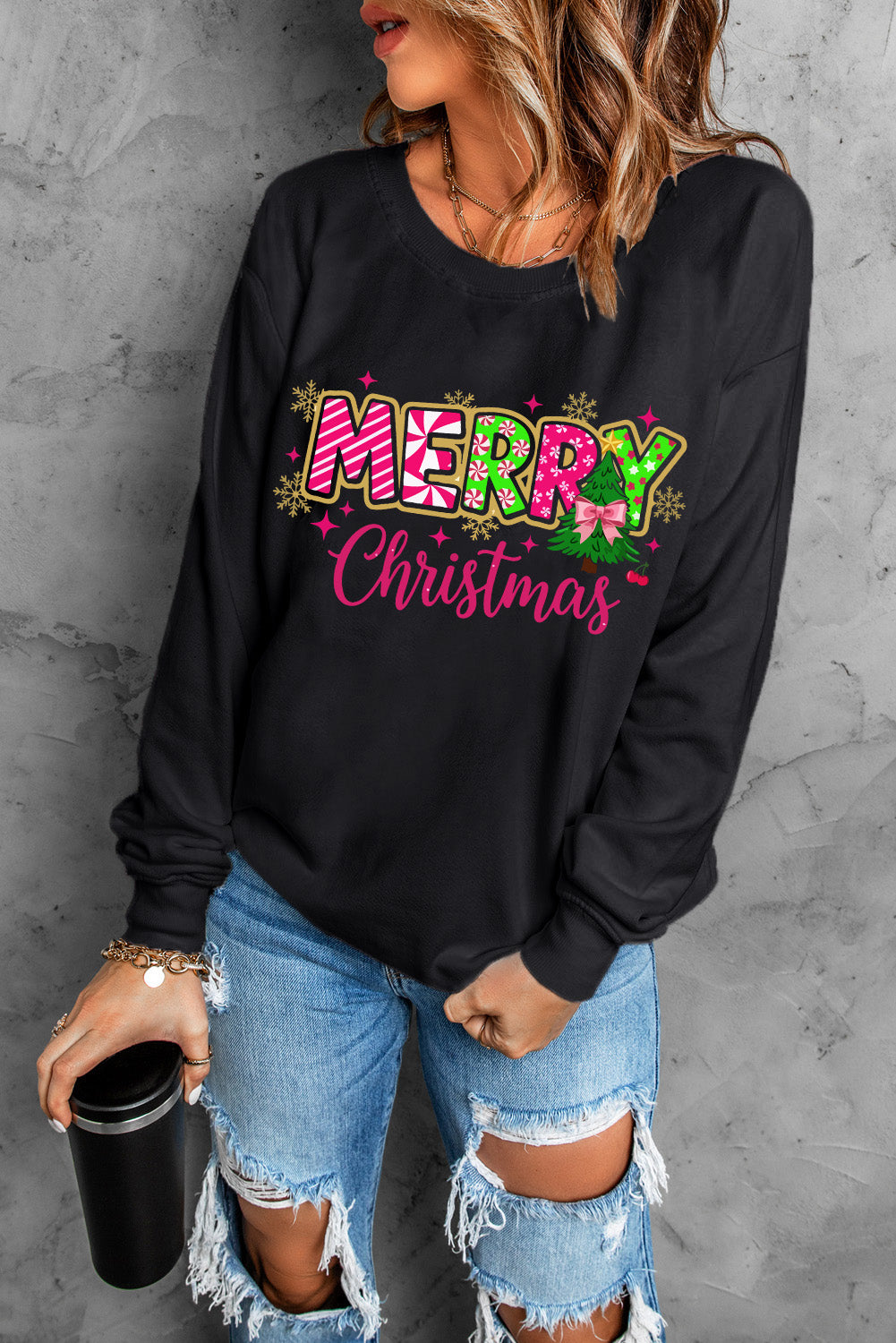 Black MERRY Christmas Playful Letter Print Drop Shoulder Sweatshirt-Graphic/Graphic Sweatshirts-[Adult]-[Female]-2022 Online Blue Zone Planet