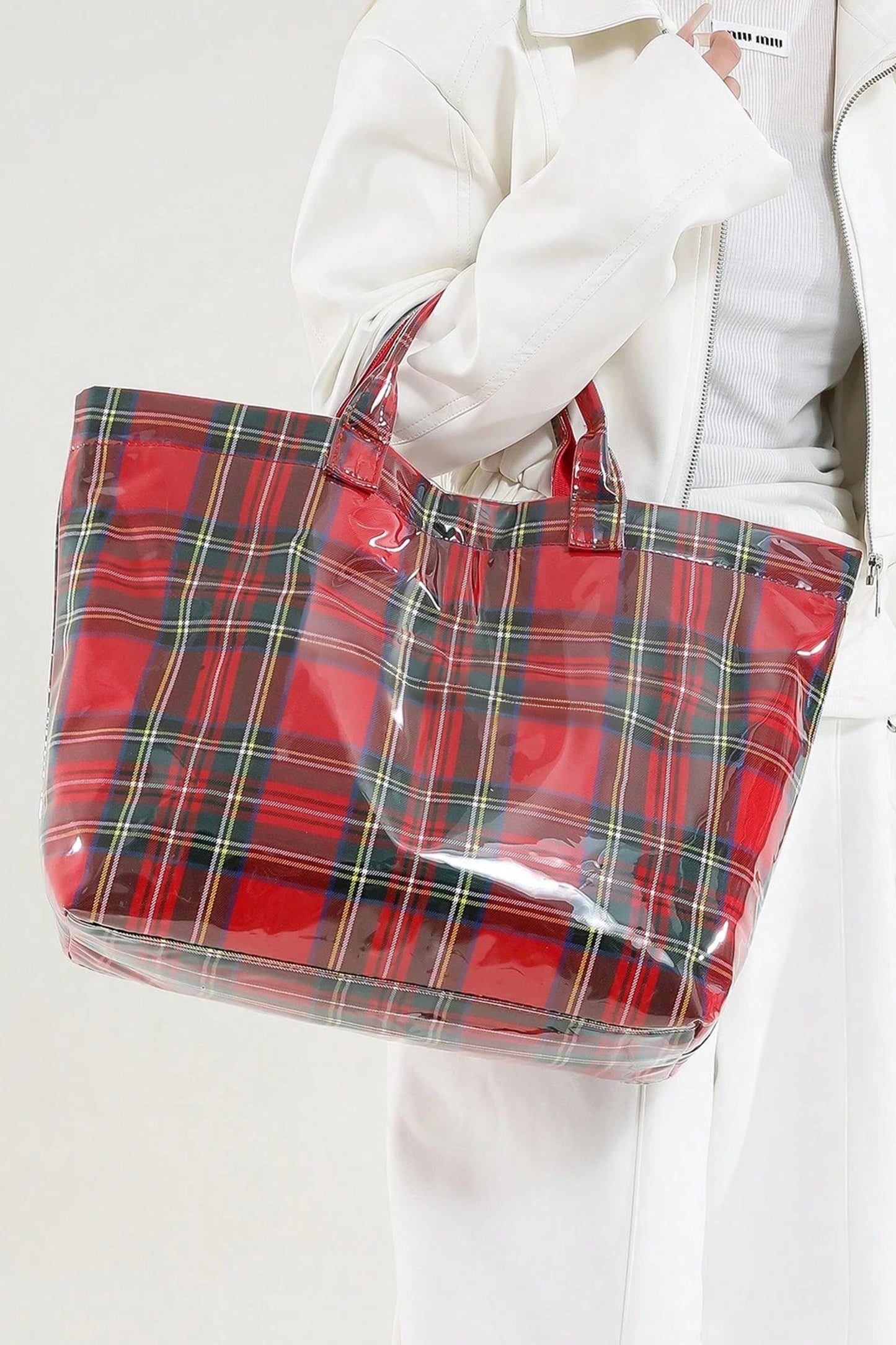Fiery Red Plaid Pattern Pvc Glossy Waterproof Tote Bag-Shoes & Bags/Handbags-[Adult]-[Female]-2022 Online Blue Zone Planet
