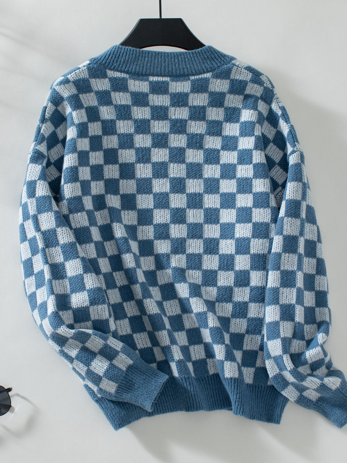 Blue Zone Planet | Checkered V-Neck Dropped Shoulder Sweater-TOPS / DRESSES-[Adult]-[Female]-2022 Online Blue Zone Planet