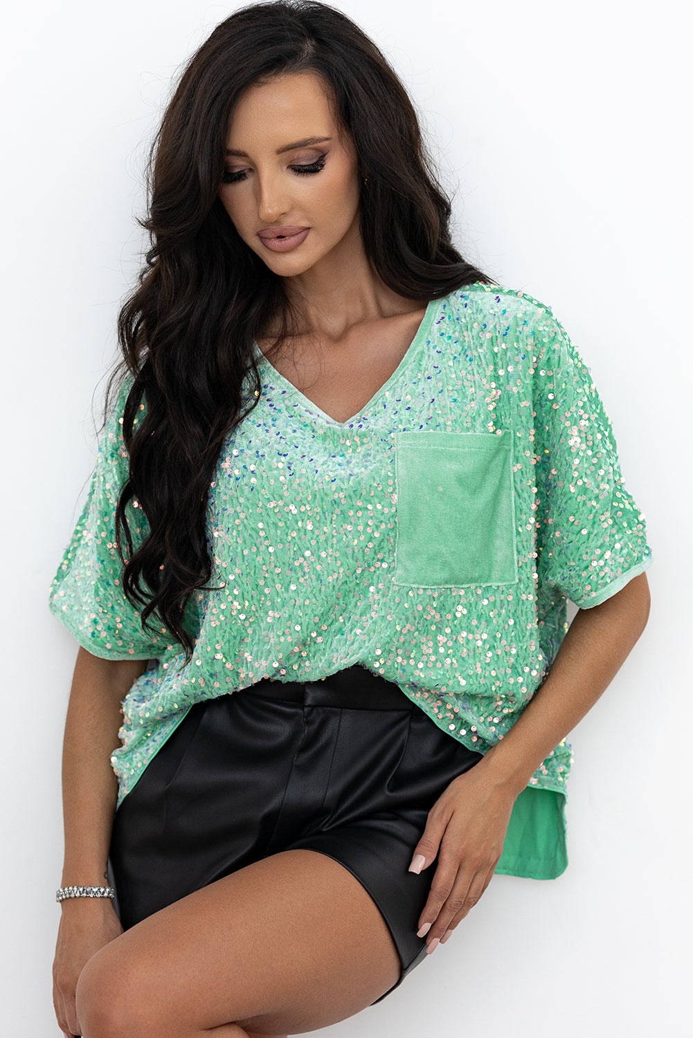 Blue Zone Planet | Moonlight Jade Sequin Batwing Sleeve V Neck Velvet Blouse-Tops/Blouses & Shirts-[Adult]-[Female]-2022 Online Blue Zone Planet