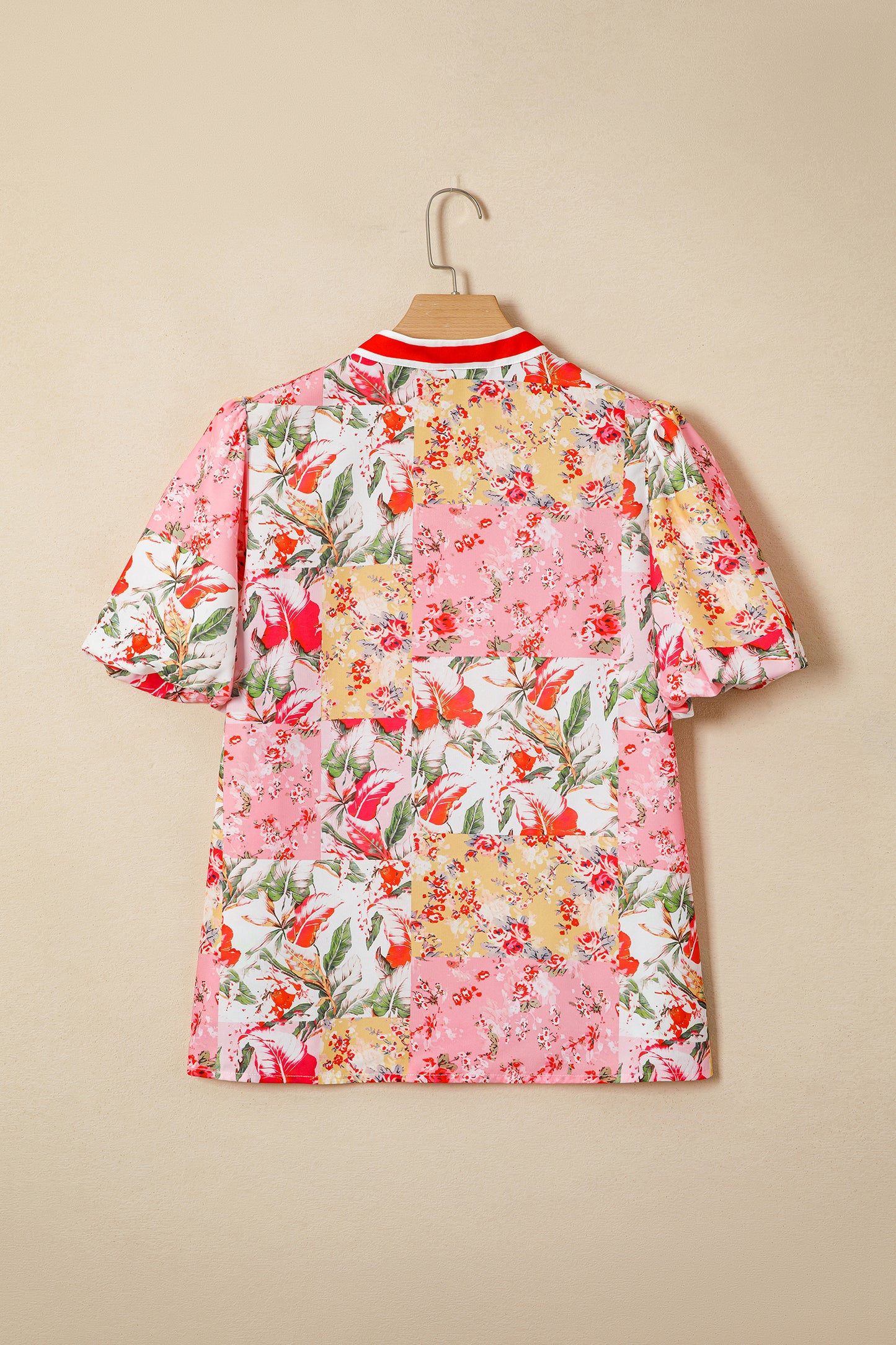 Pink Contrast Collared V Neck Short Sleeve Floral Blouse-Tops/Blouses & Shirts-[Adult]-[Female]-2022 Online Blue Zone Planet