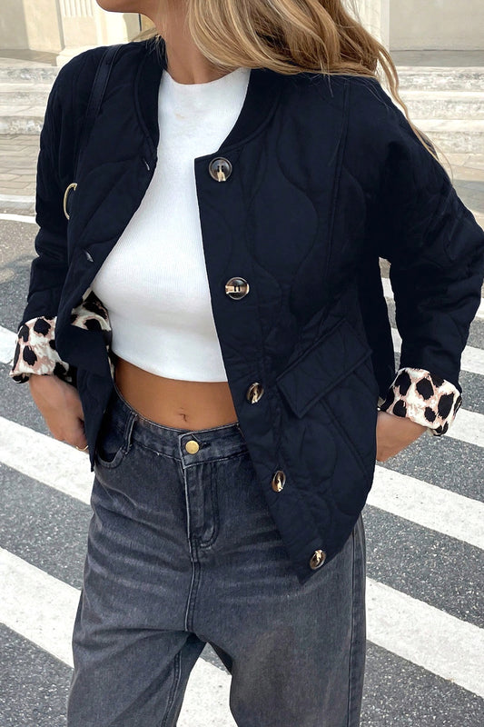 Black Retro Quilted Leopard Cuff Button Down Puffer Jacket-Outerwear/Jackets-[Adult]-[Female]-Black-S-2022 Online Blue Zone Planet
