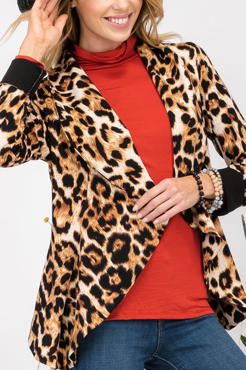 Celeste Full Size Leopard Open Front Long Sleeve Blazer-TOPS / DRESSES-[Adult]-[Female]-2022 Online Blue Zone Planet