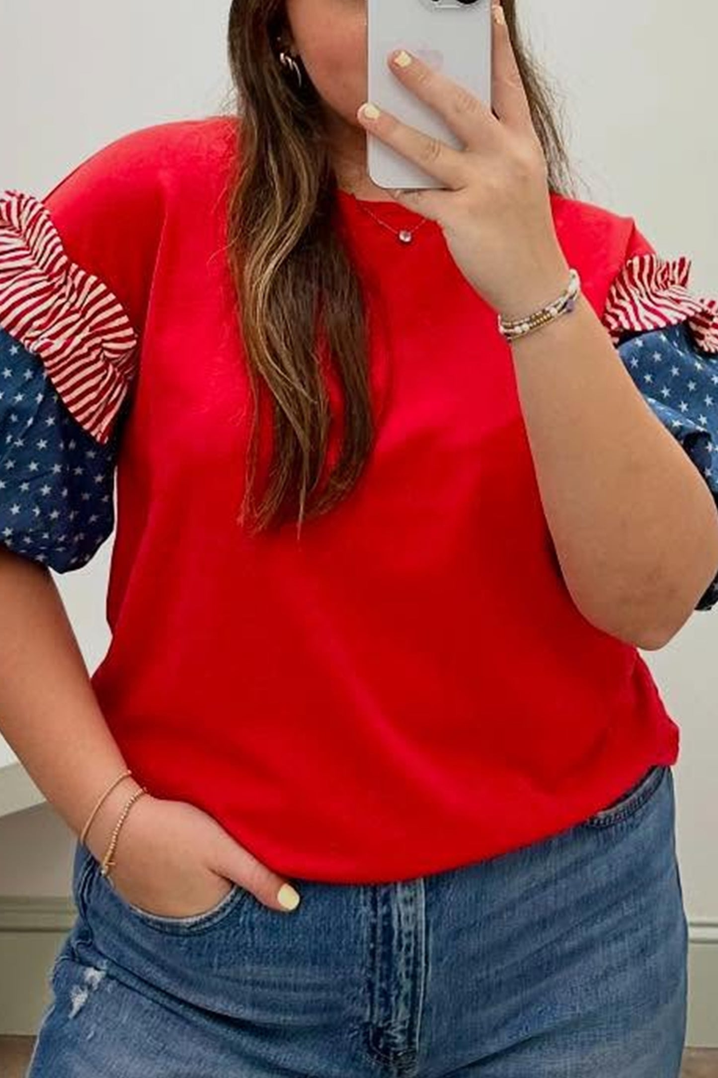 Fiery Red Plus Size Striped Ruffles Star Short Bubble Sleeve Patchwork Top-Plus Size/Plus Size Tops/Plus Size Tops & Tees-[Adult]-[Female]-2022 Online Blue Zone Planet