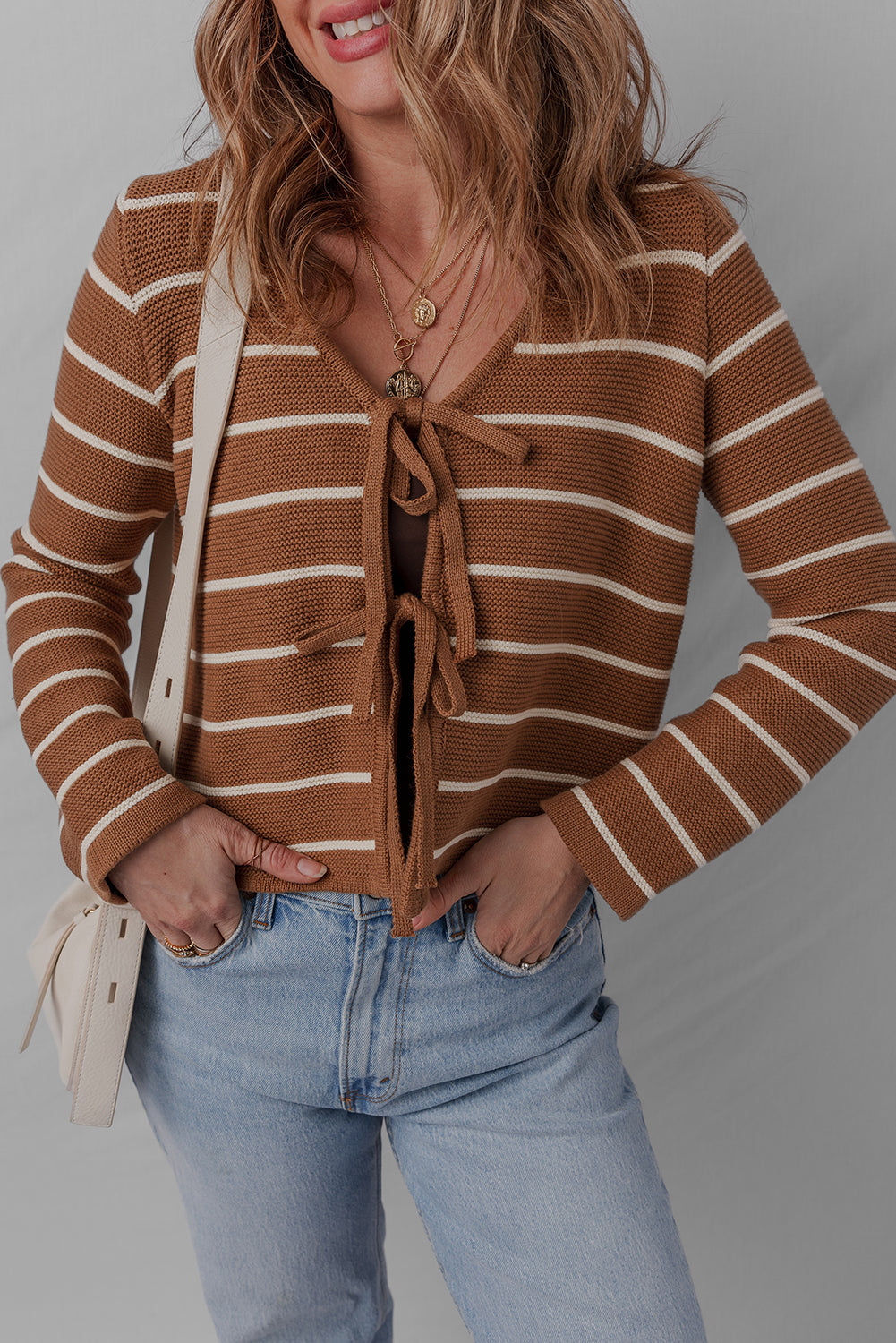 Chestnut Tie Front Striped Knit V Neck Cardigan Sweater-Sweaters & Cardigans/Cardigans-[Adult]-[Female]-Chestnut-S-2022 Online Blue Zone Planet