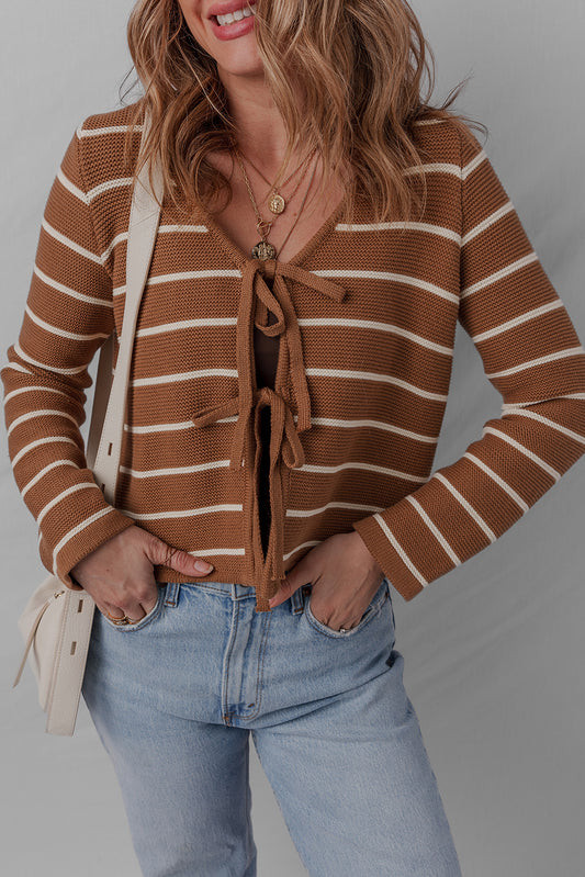 Chestnut Tie Front Striped Knit V Neck Cardigan Sweater-Sweaters & Cardigans/Cardigans-[Adult]-[Female]-Chestnut-S-2022 Online Blue Zone Planet