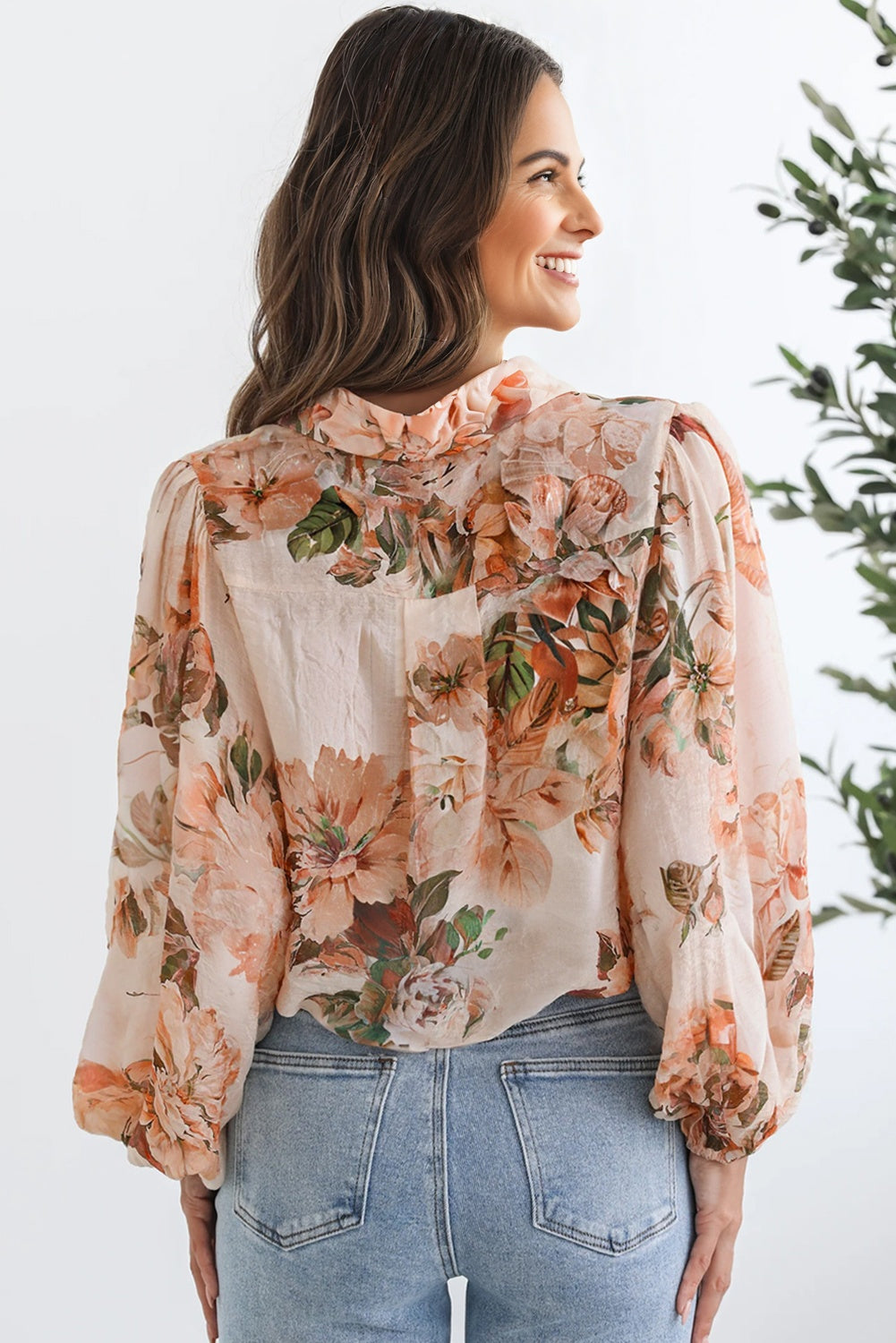Orange Floral Puff Sleeve Lightweight Shirt-Tops/Blouses & Shirts-[Adult]-[Female]-2022 Online Blue Zone Planet