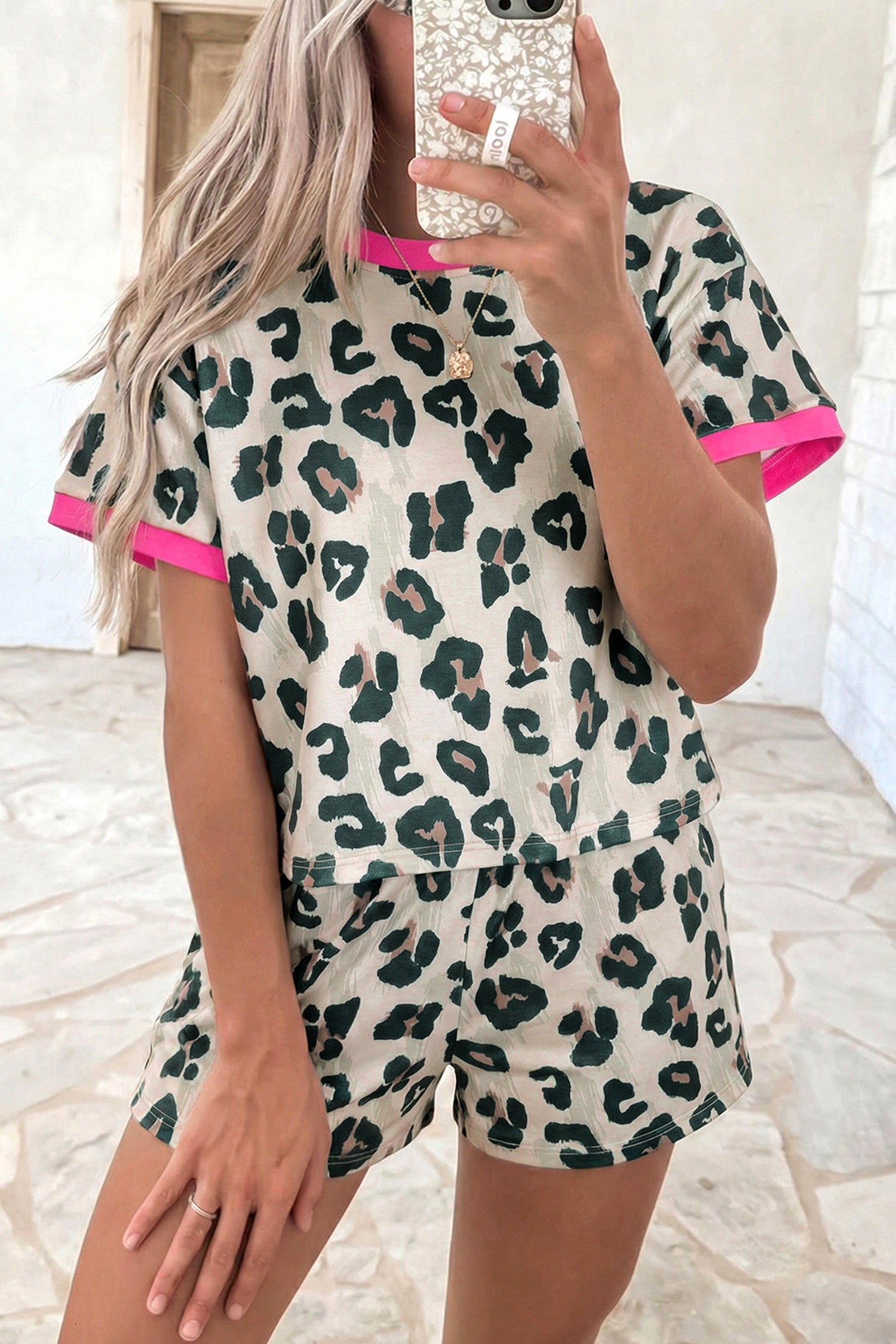 Brown Unique Leopard Print Contrast Trim Top Loose 2pcs Short Set-Two Piece Sets/Short Sets-[Adult]-[Female]-Brown-S-2022 Online Blue Zone Planet