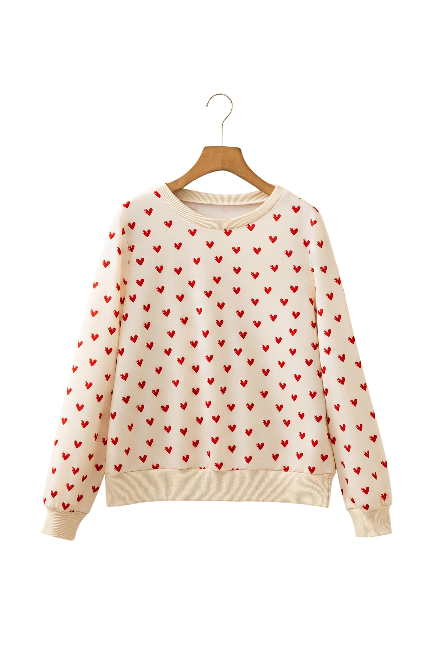 Beige Heart Print Round Neck Long Sleeve Regular Fit Sweatshirt-Tops/Sweatshirts & Hoodies-[Adult]-[Female]-2022 Online Blue Zone Planet