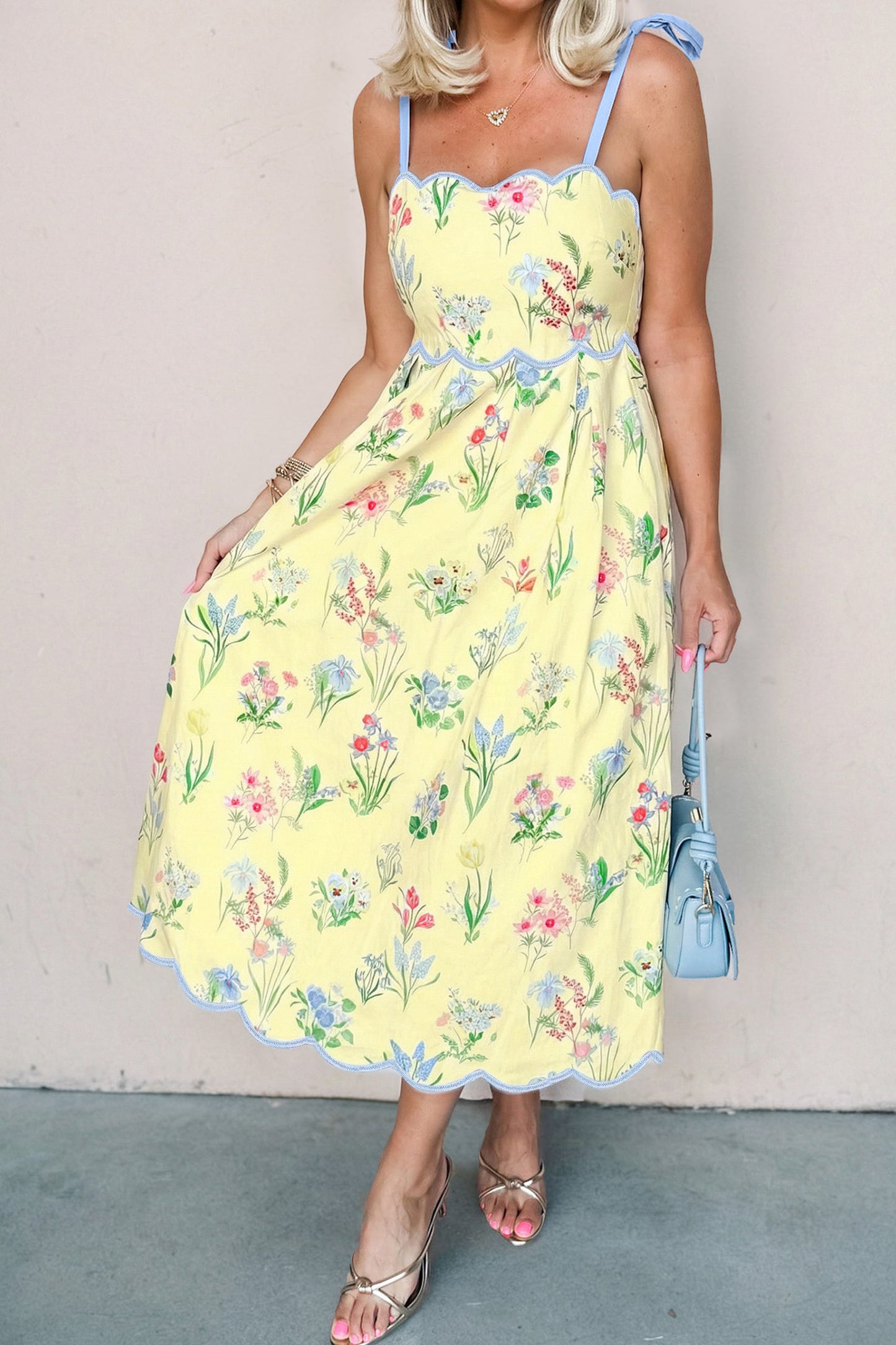 Beige Floral Print Contrast Trim Self-tie Straps High Waist Midi Dress-Dresses/Floral Dresses-[Adult]-[Female]-Yellow-S-2022 Online Blue Zone Planet