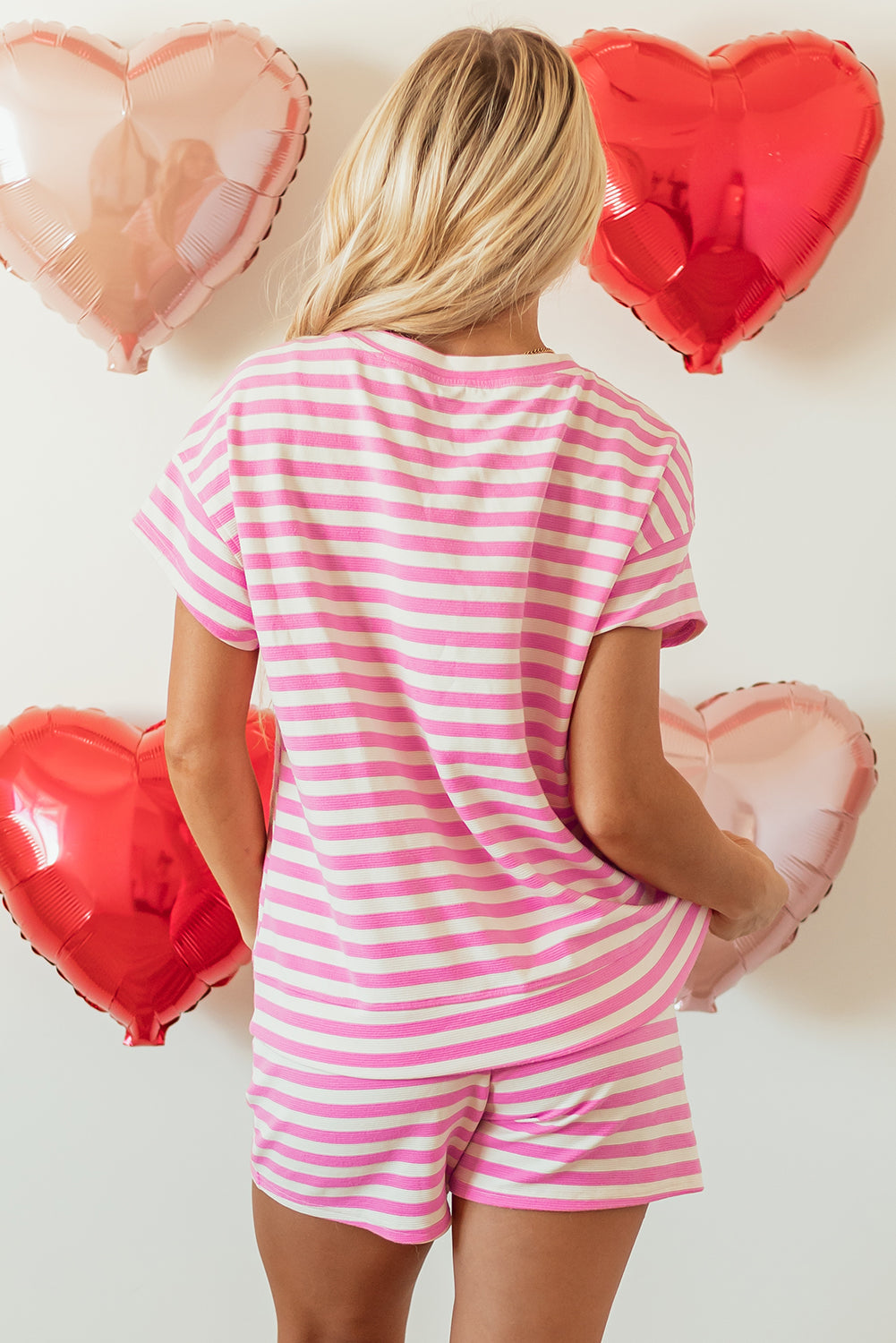 Rose Stripe Crew Neck T Shirt and Drawstring Shorts Set-Two Piece Sets/Short Sets-[Adult]-[Female]-2022 Online Blue Zone Planet