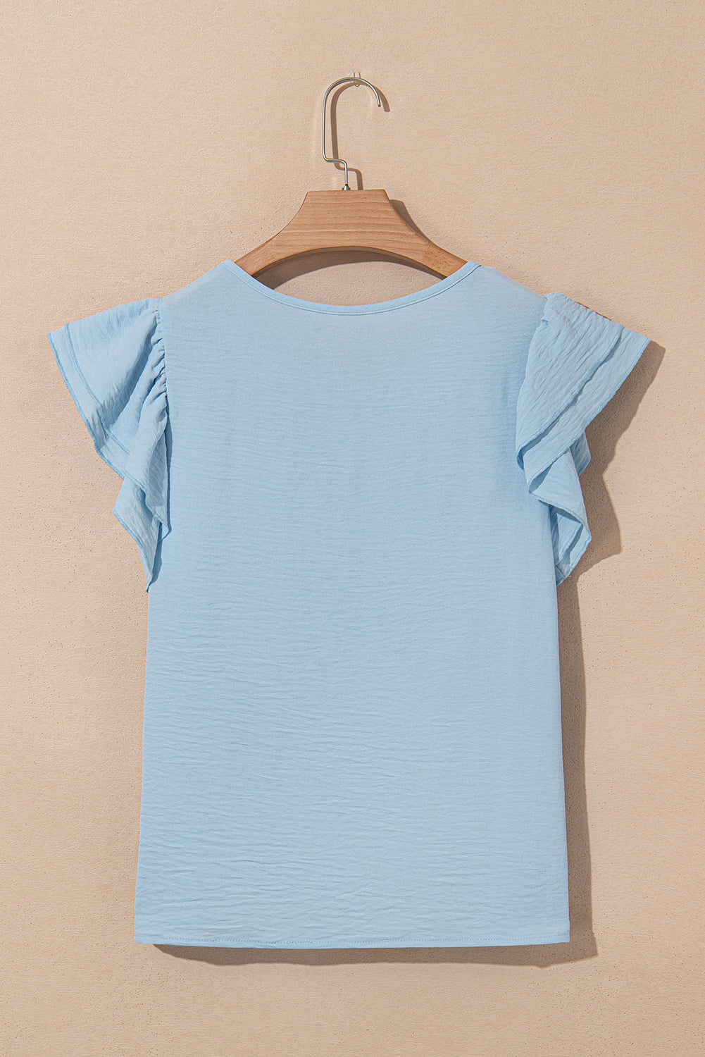 Mist Blue Solid Color Ruffled Short Sleeve Casual Blouse-Tops/Blouses & Shirts-[Adult]-[Female]-2022 Online Blue Zone Planet