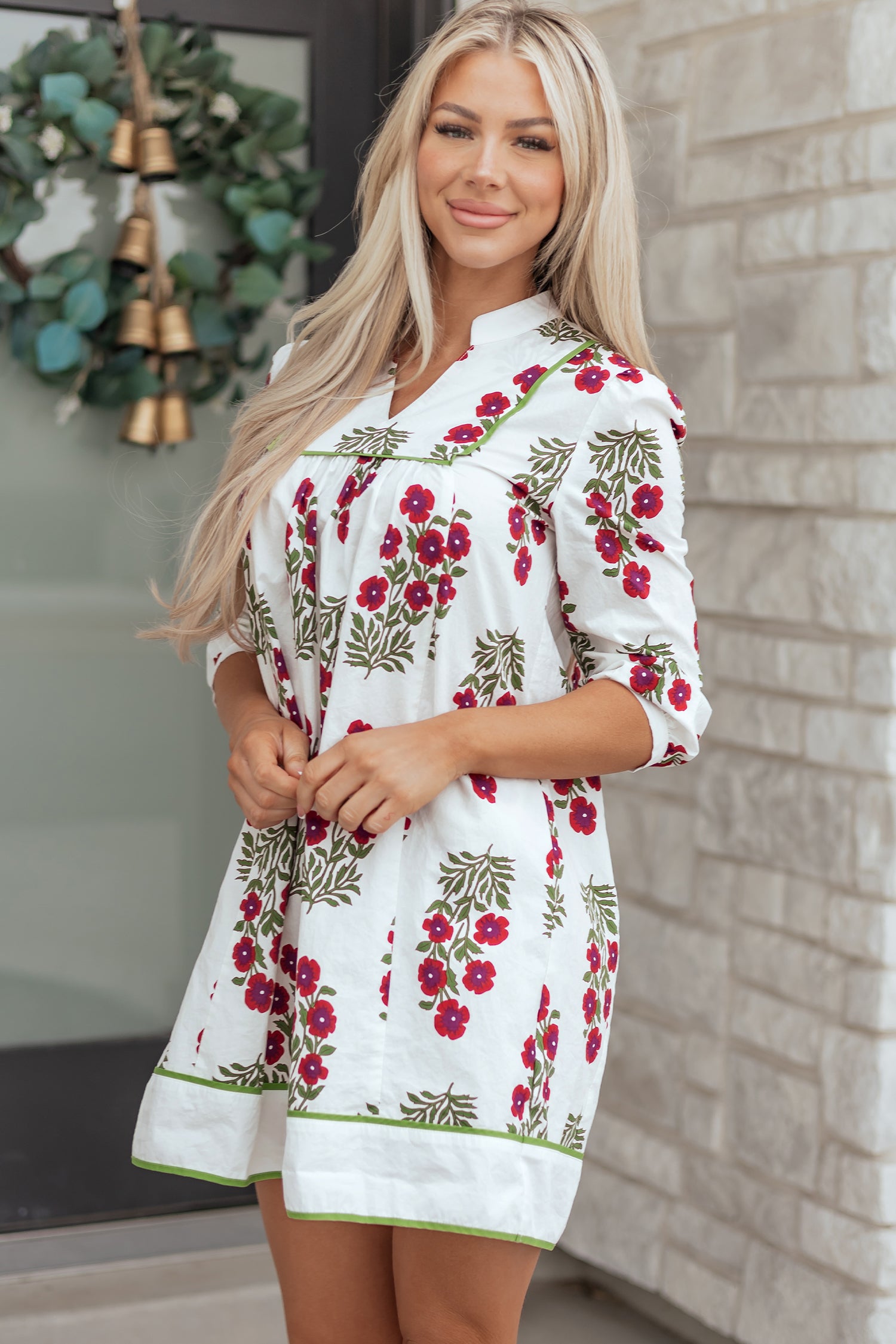 White Frilled V Neck 3/4 Sleeve Loose Floral Dress-TOPS / DRESSES-[Adult]-[Female]-2022 Online Blue Zone Planet