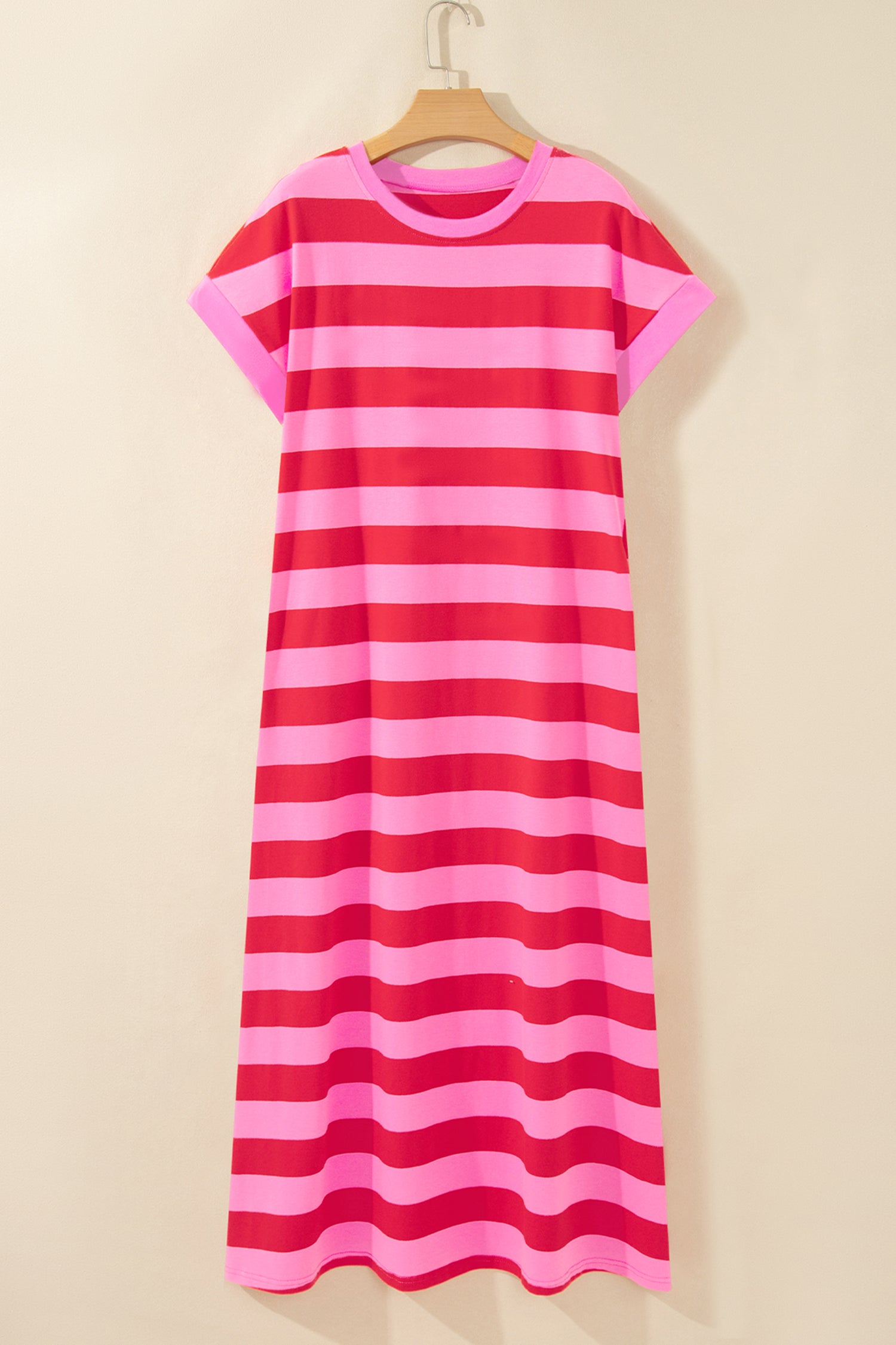 Rose Stripe Cuffed Short Sleeve Pocketed Casual T Shirt Long Dress-TOPS / DRESSES-[Adult]-[Female]-2022 Online Blue Zone Planet