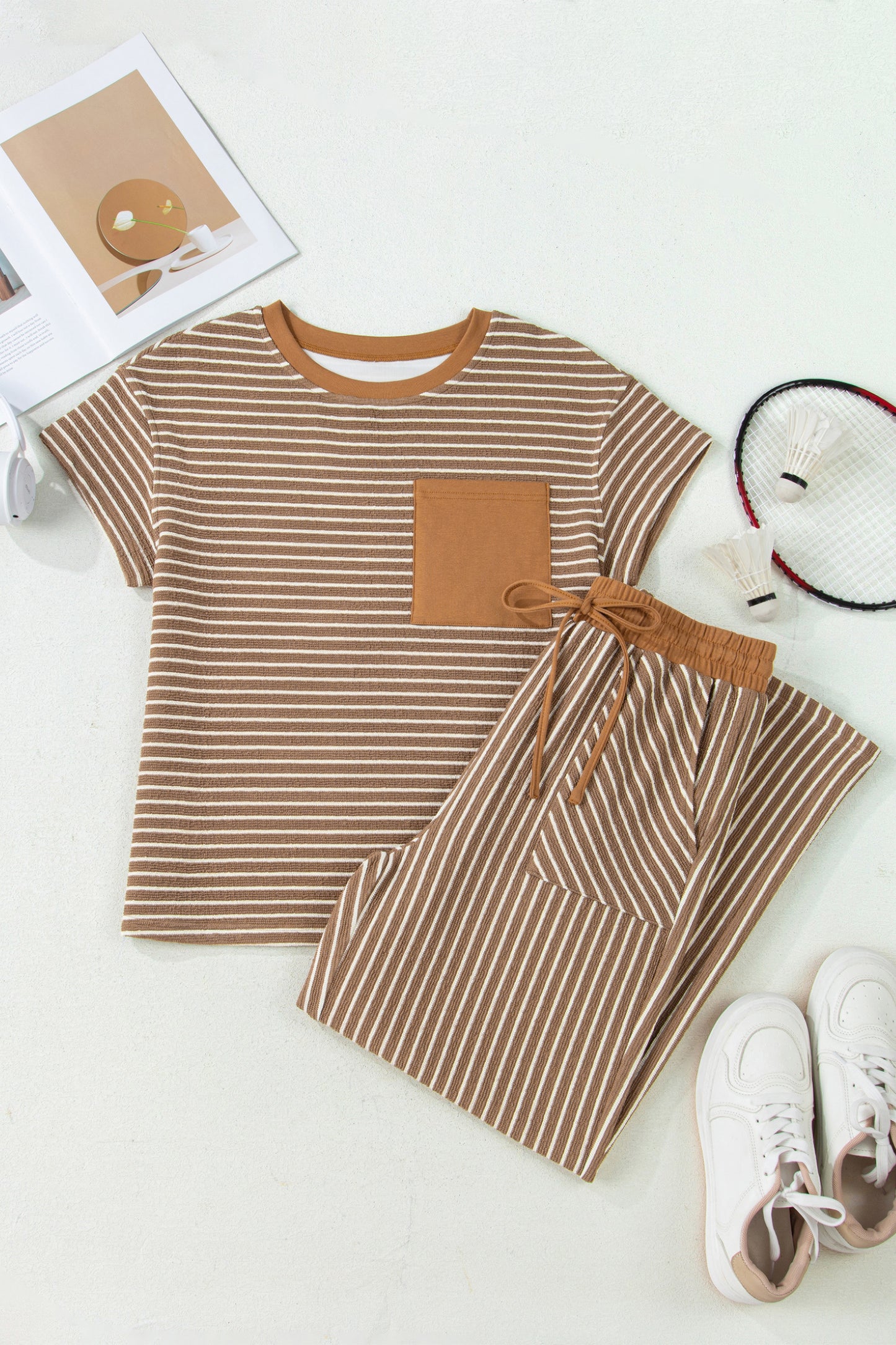 Khaki Stripe Crew Neck Tee Drawstring Waist Cropped Pants Set-Two Piece Sets/Pant Sets-[Adult]-[Female]-2022 Online Blue Zone Planet