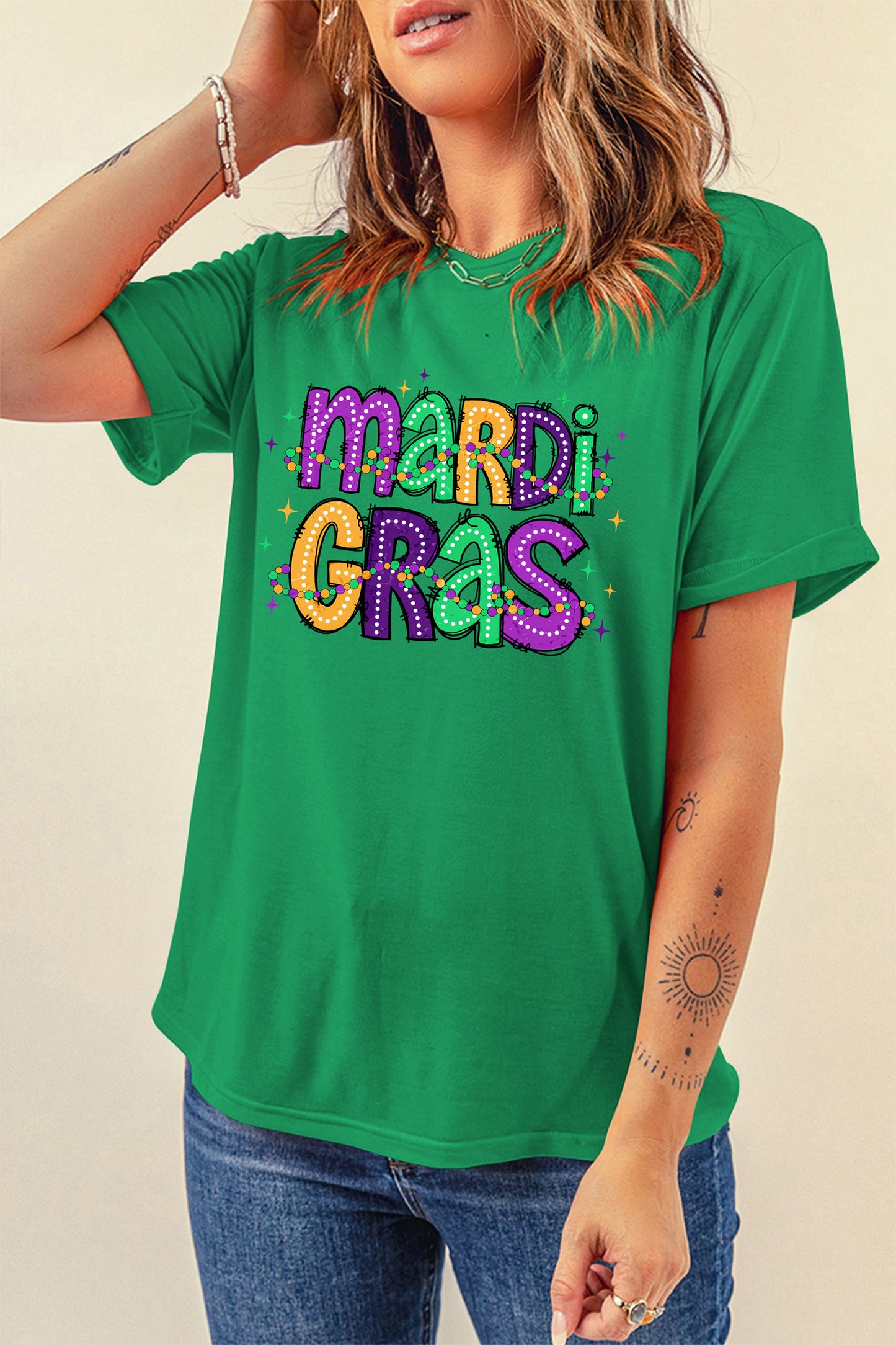 Bright Green MARDI GRAS Delightful Letter Graphic T Shirt-Graphic Tees-[Adult]-[Female]-2022 Online Blue Zone Planet