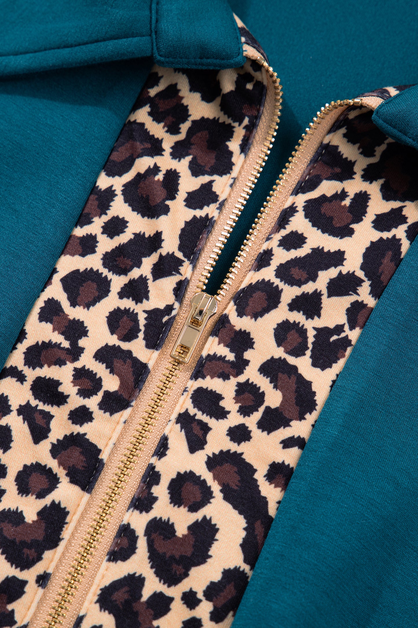 Sea Green Leopard Patchwork Detail Quarter Zip Collared Plus Size Mini Dress-Plus Size/Plus Size Dresses/Plus Size Mini Dresses-[Adult]-[Female]-2022 Online Blue Zone Planet